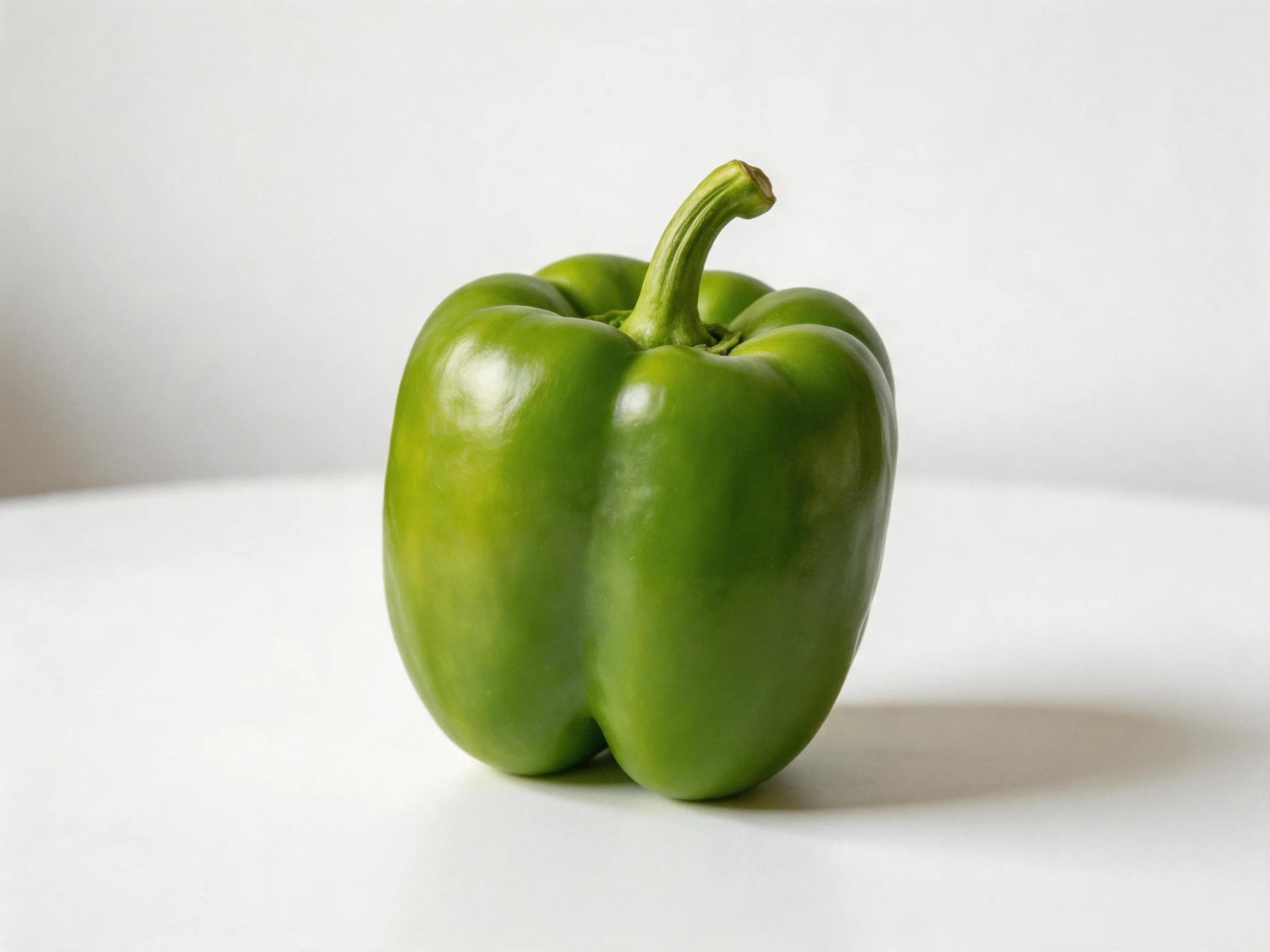 A vibrant green bell pepper centered against a plain white backdrop