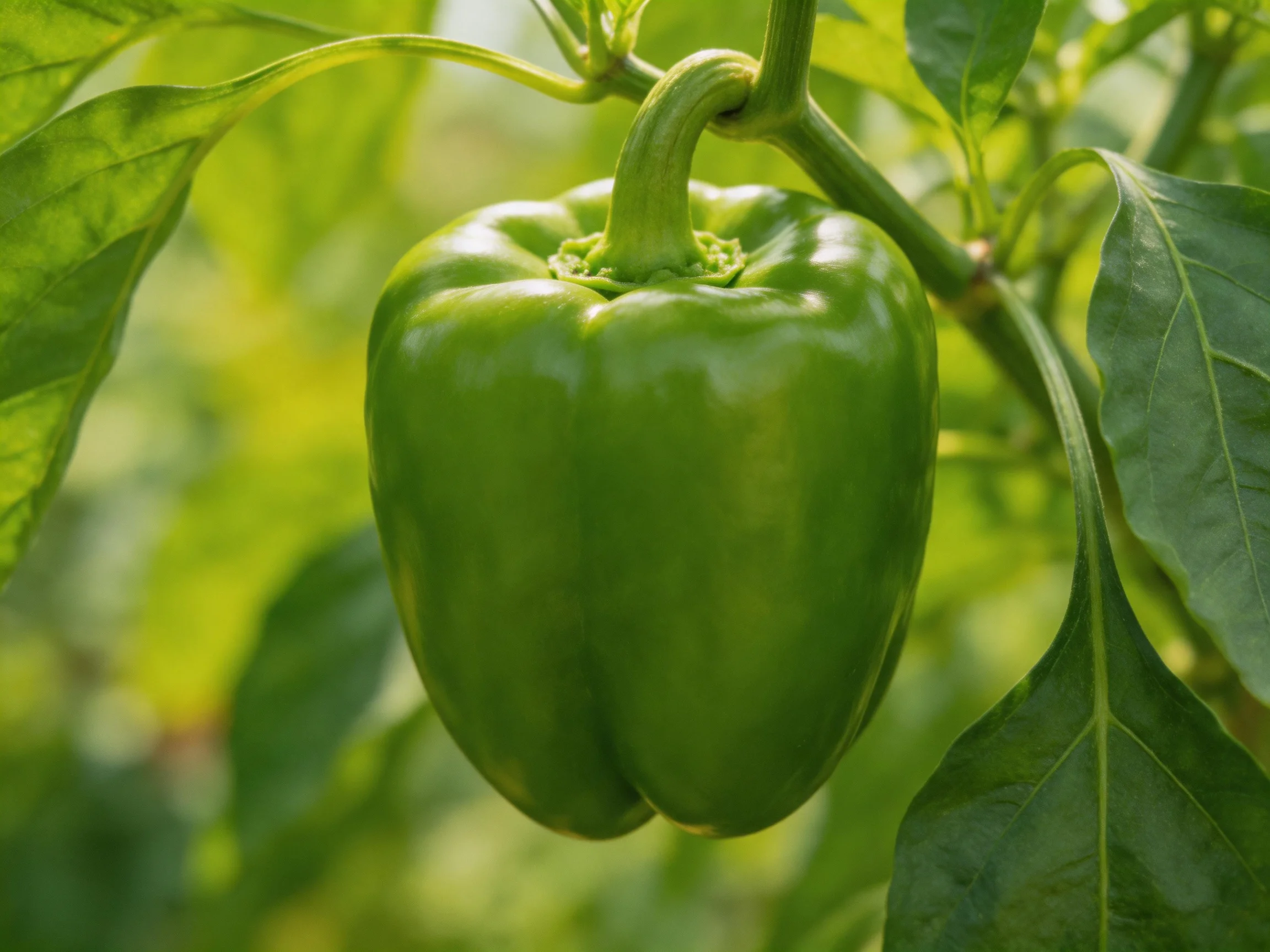 A vibrant green bell pepper hanging from a leafy plant