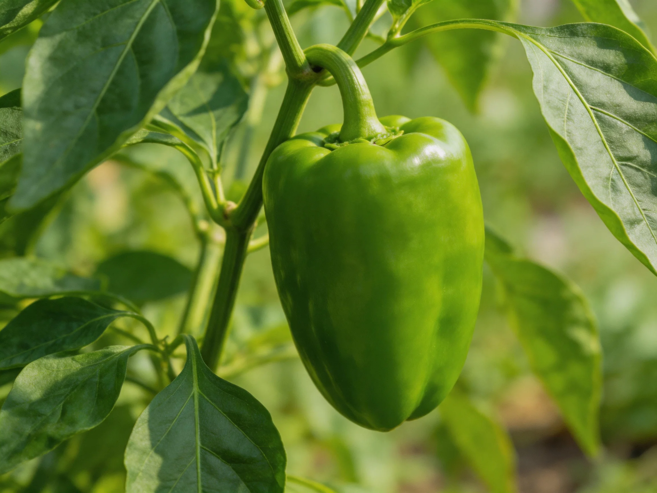A vibrant green bell pepper hangs from a leafy plant bathed in sunlight
