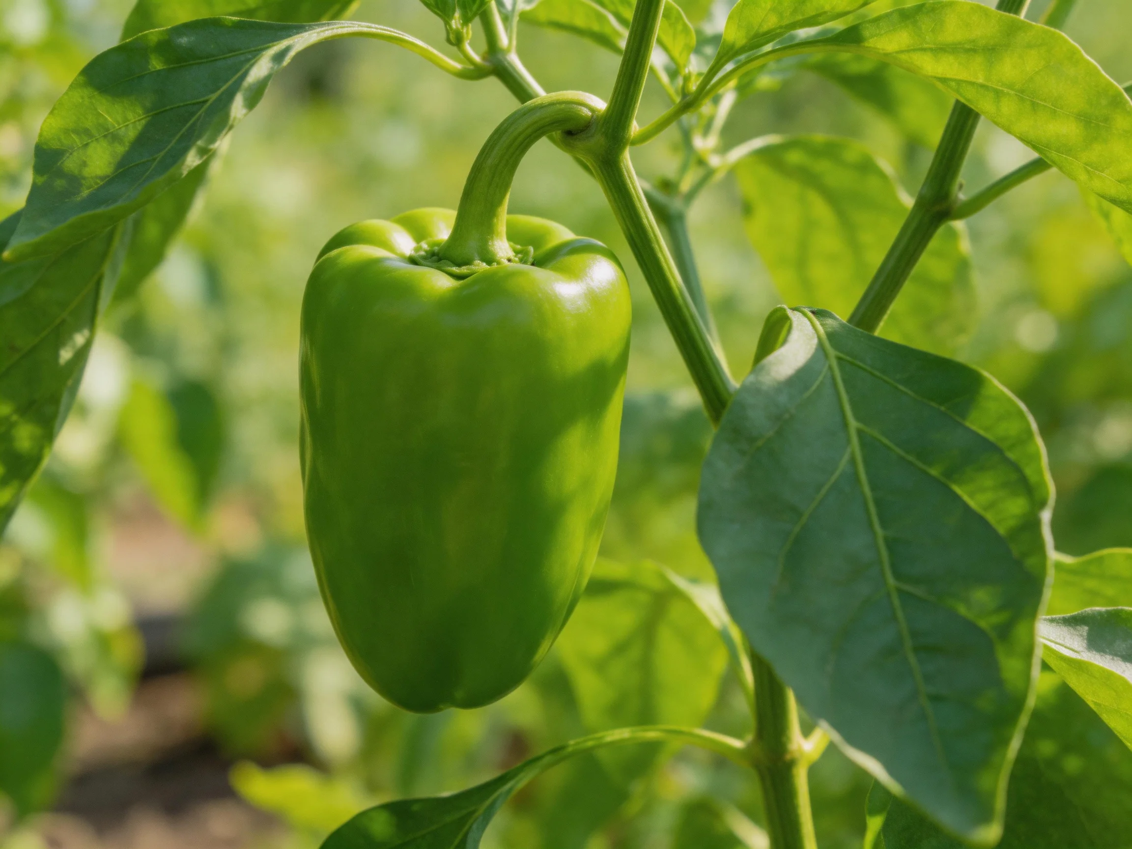 A vibrant green bell pepper hangs from a leafy plant in bright sunlight