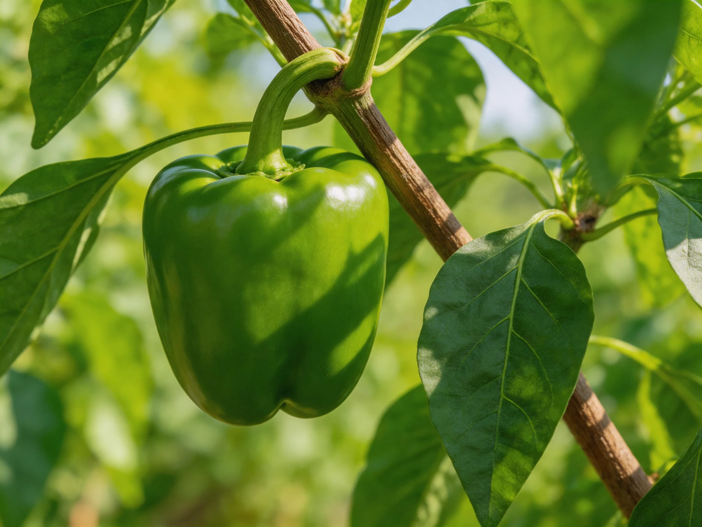 A vibrant green bell pepper hangs from a sturdy brown stem amid lush green foliage
