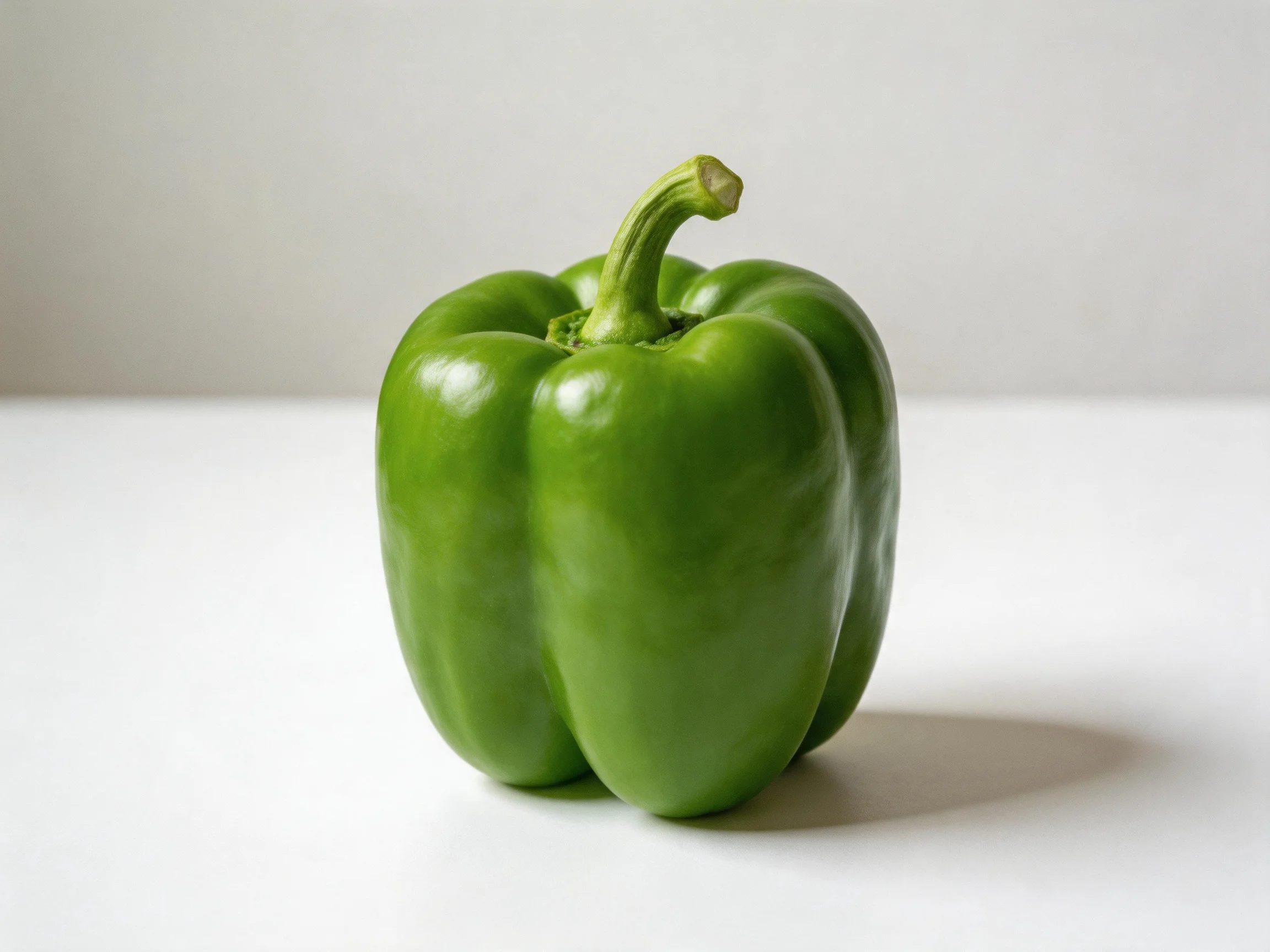 A vibrant green bell pepper sits on a plain white surface