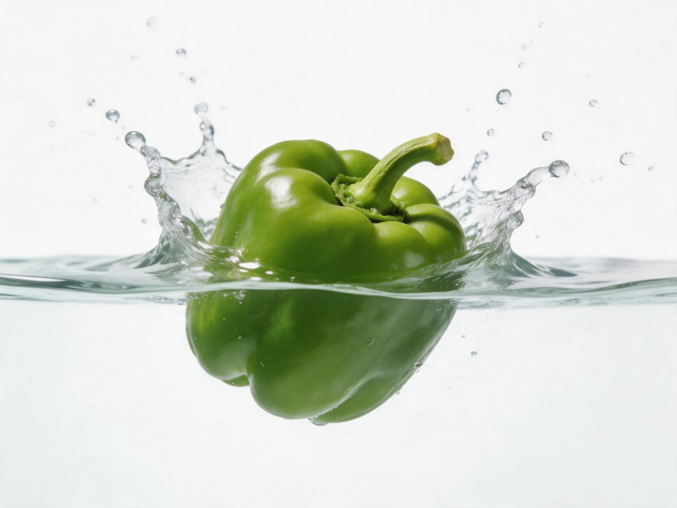 A vibrant green bell pepper splashing into clear water