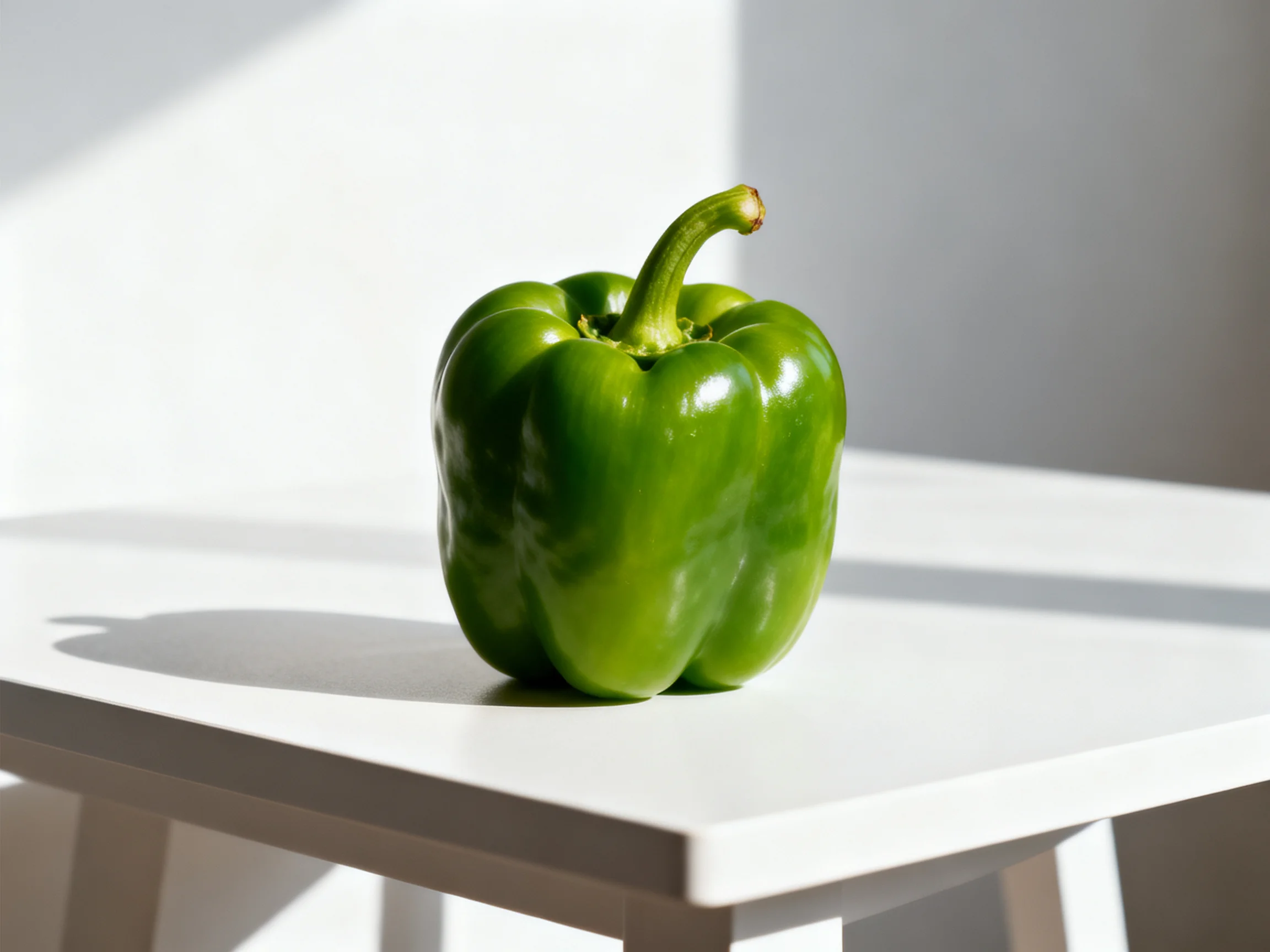 A vibrant green bell peppersits atop a minimalist white table