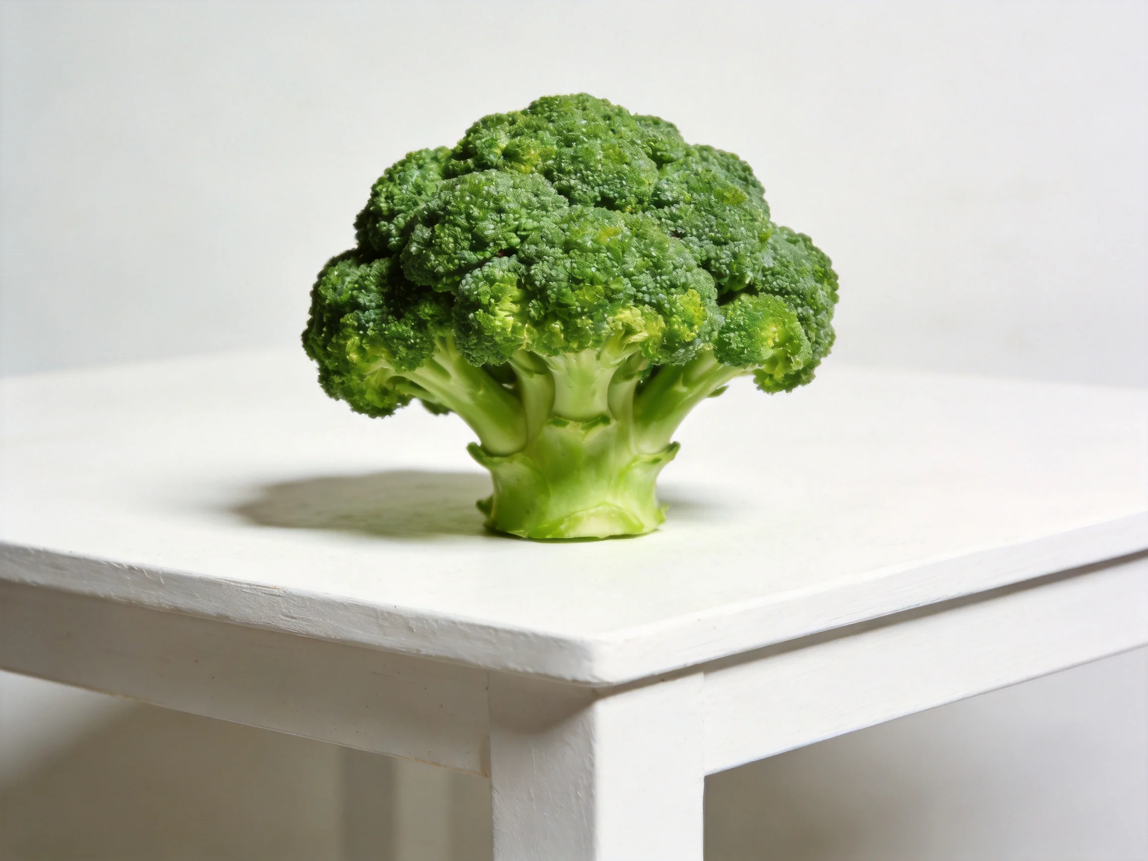 A vibrant green broccoli head rests on a minimalist white table.