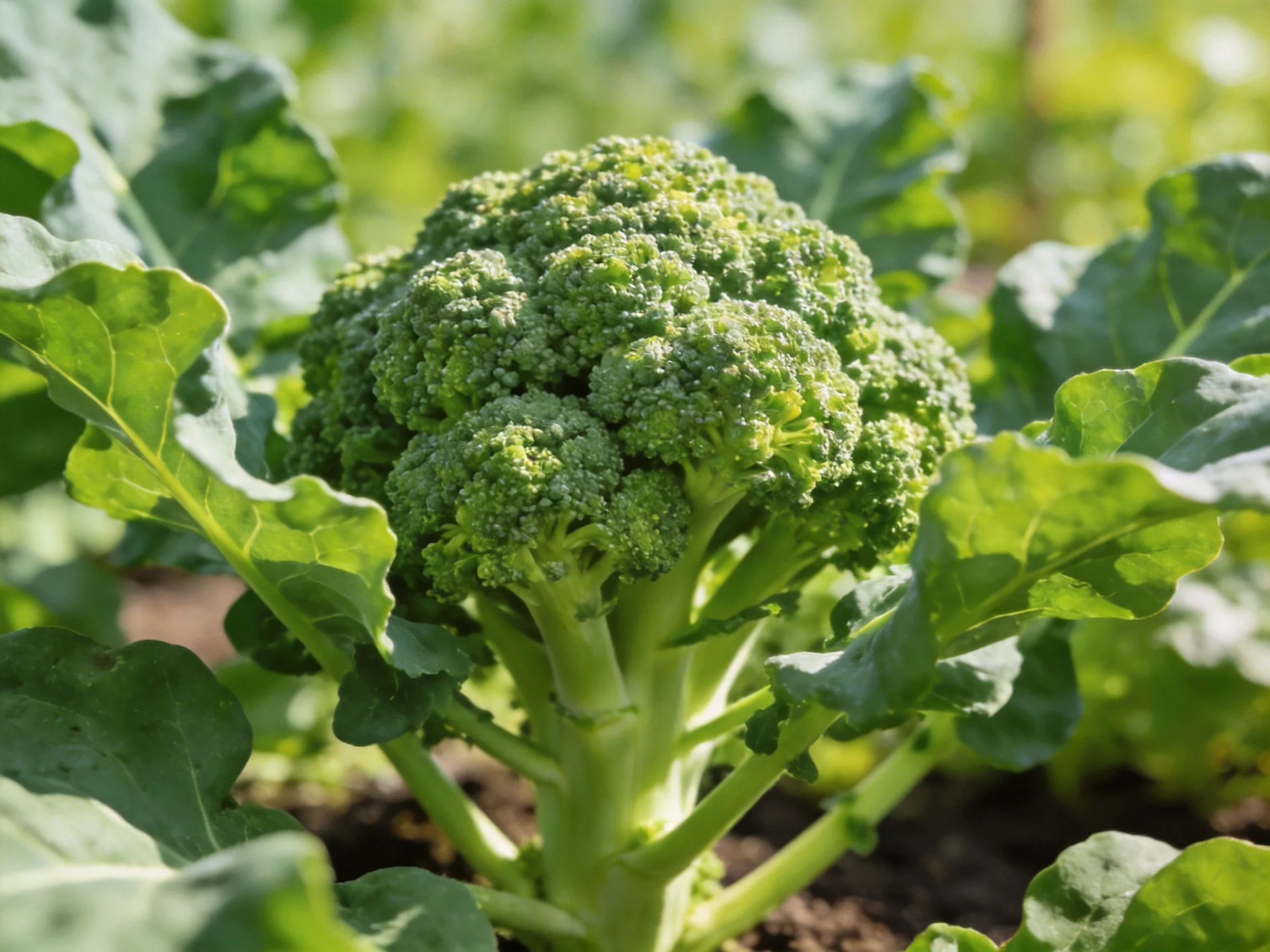 A vibrant green broccoli head surrounded by broad leafy greens in a sunlit garden
