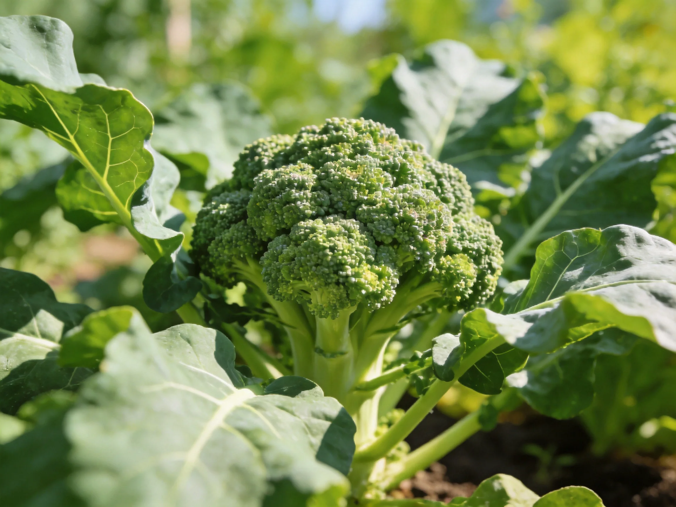 A vibrant green broccoli head surrounded by broad leafy greens in natural sunlight