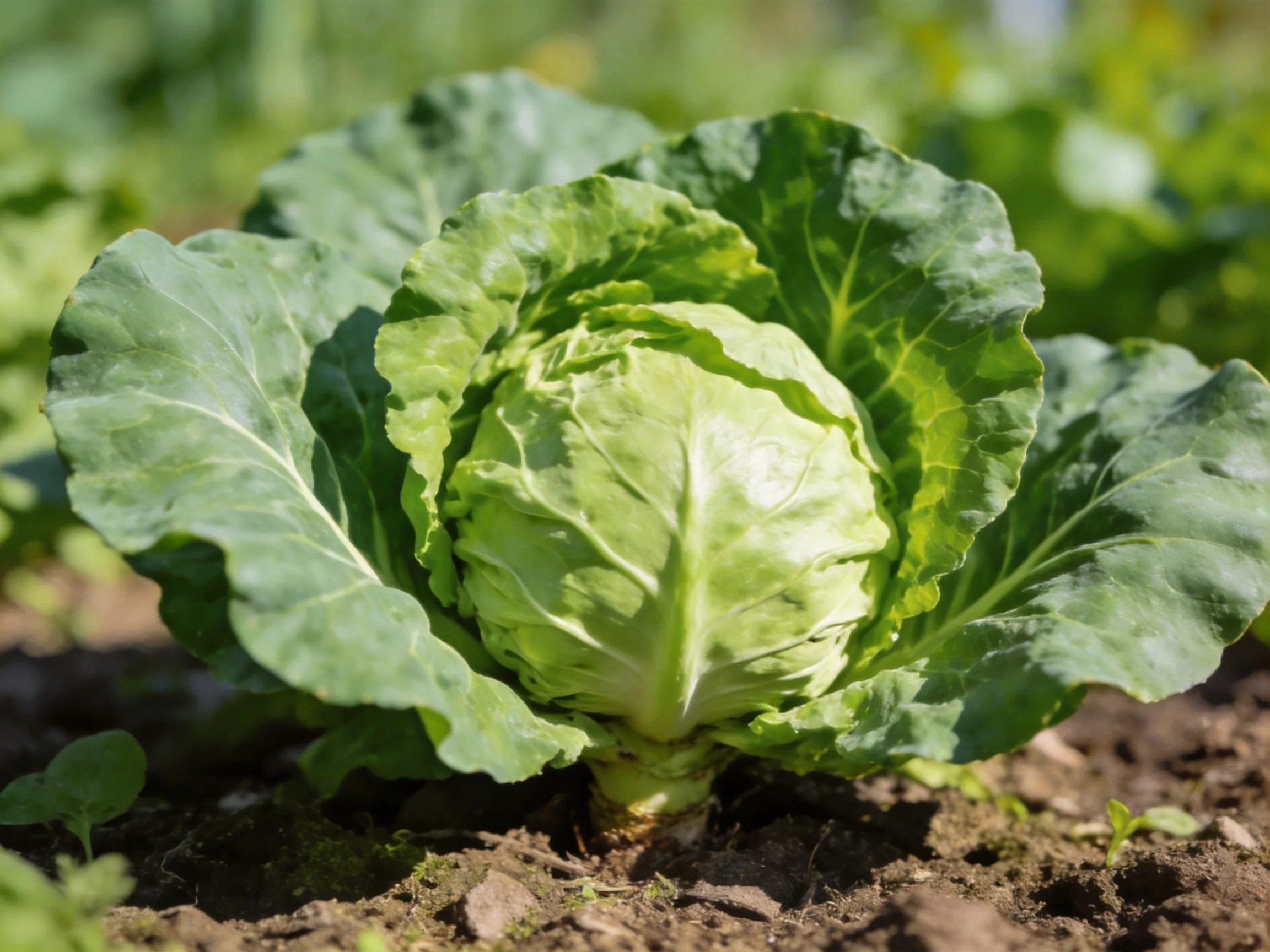 A vibrant green cabbage growing in a sunlit vegetable garden