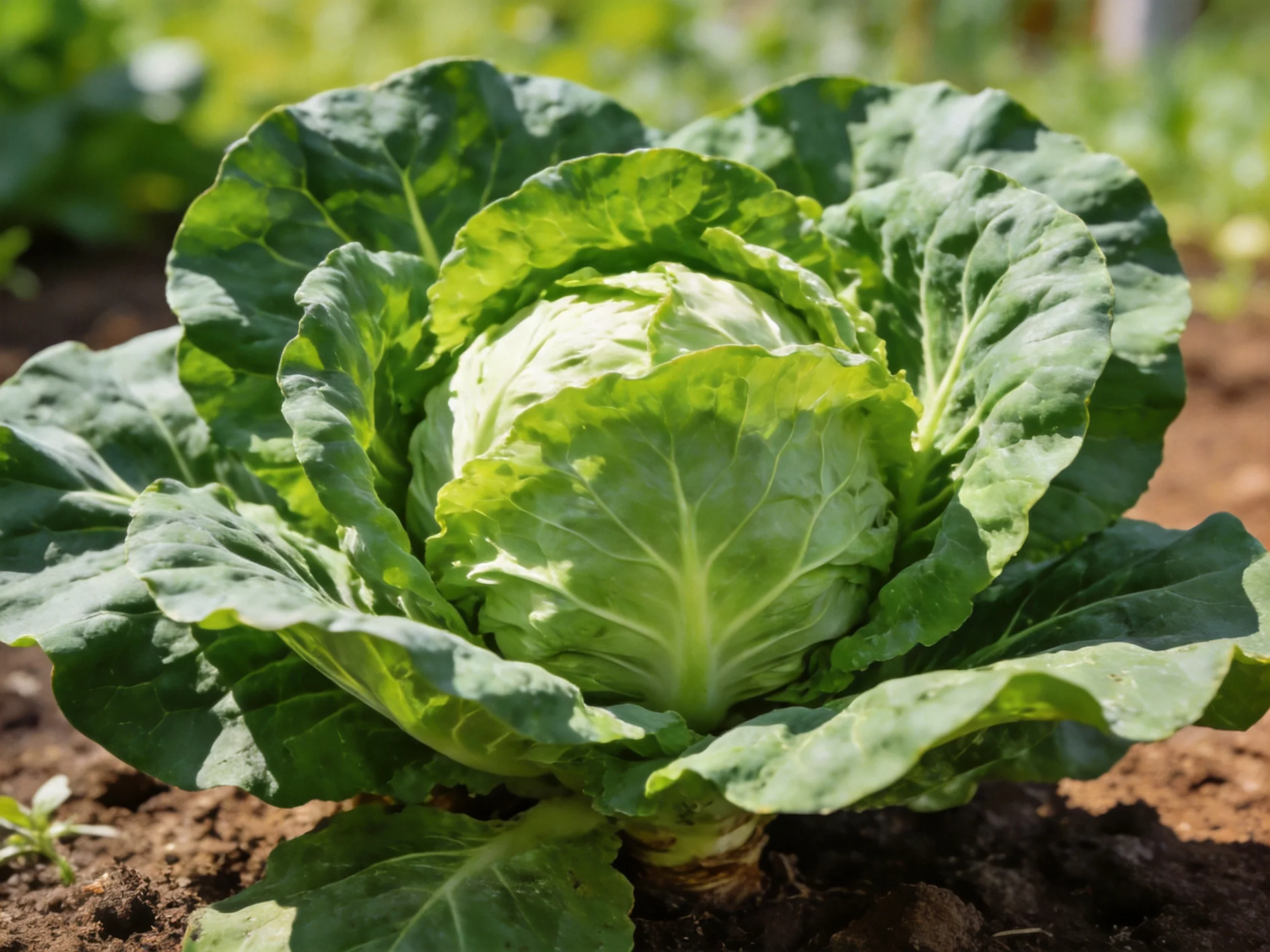A vibrant green cabbage plant growing in rich brown soil