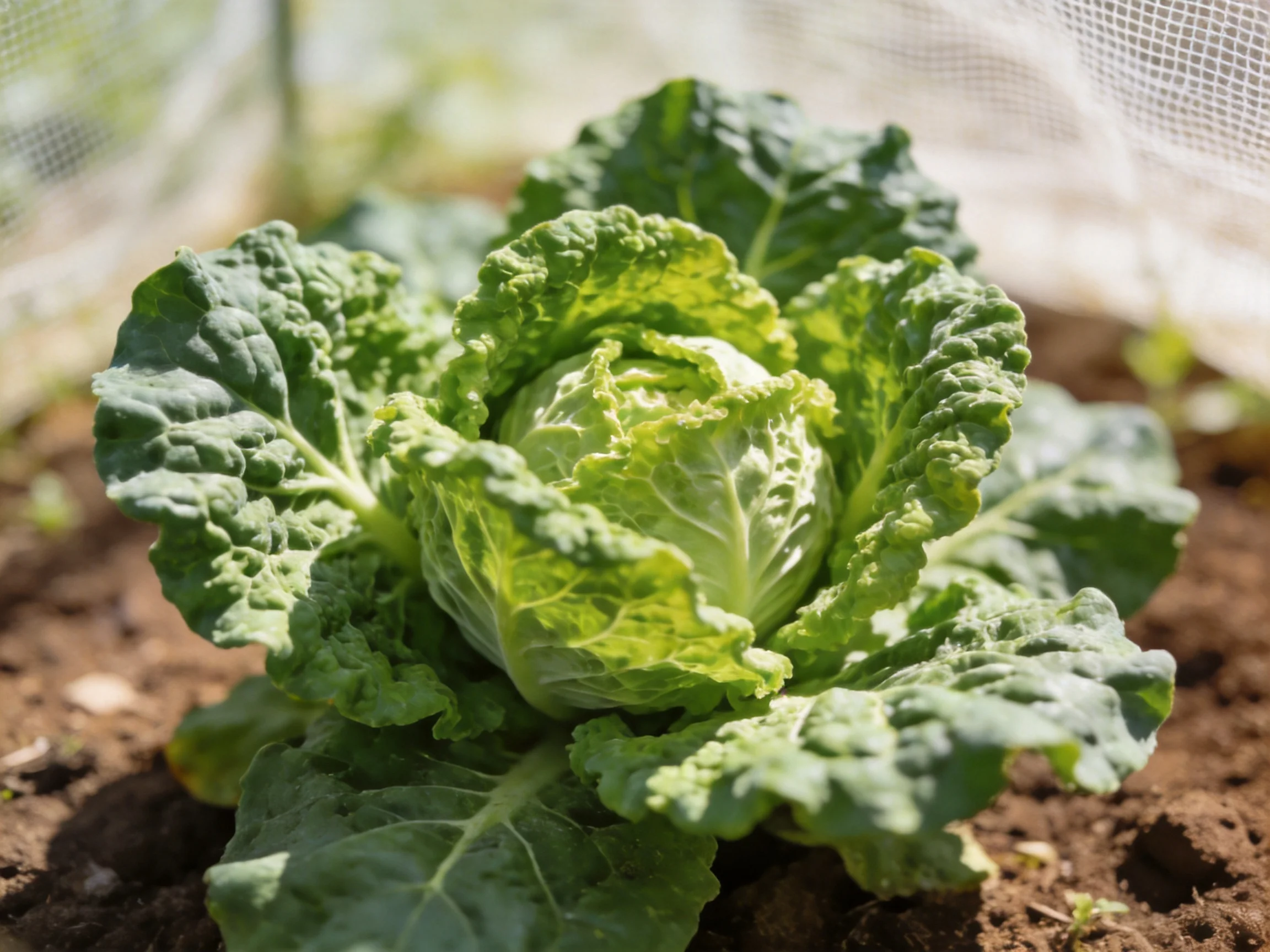 A vibrant green cabbage plant growing in rich brown soil