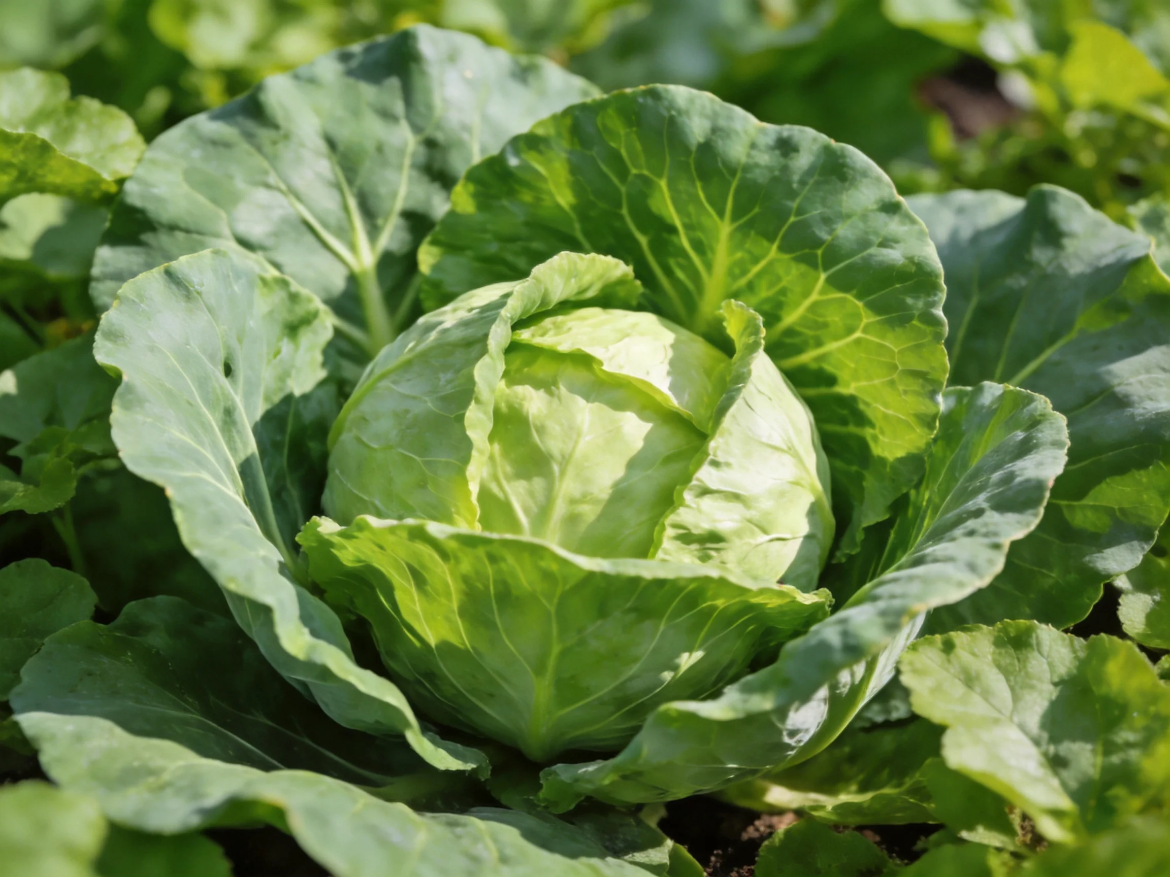 A vibrant green cabbage surrounded by broad, glossy leaves