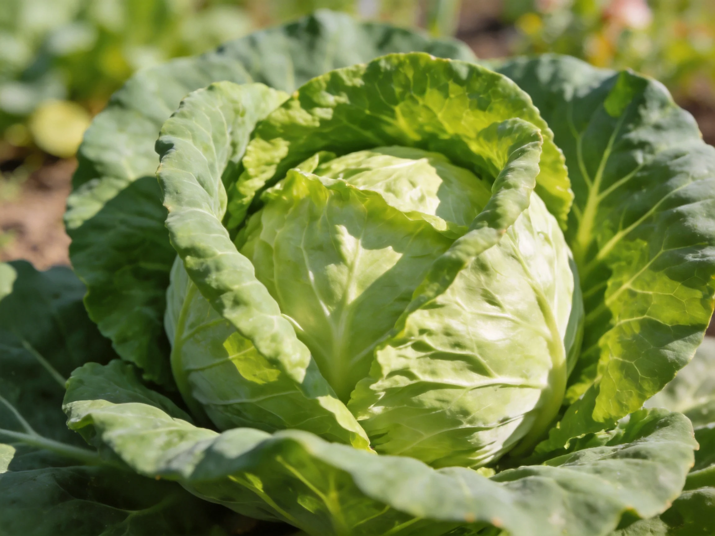 A vibrant green cabbage surrounded by broad leafy greens