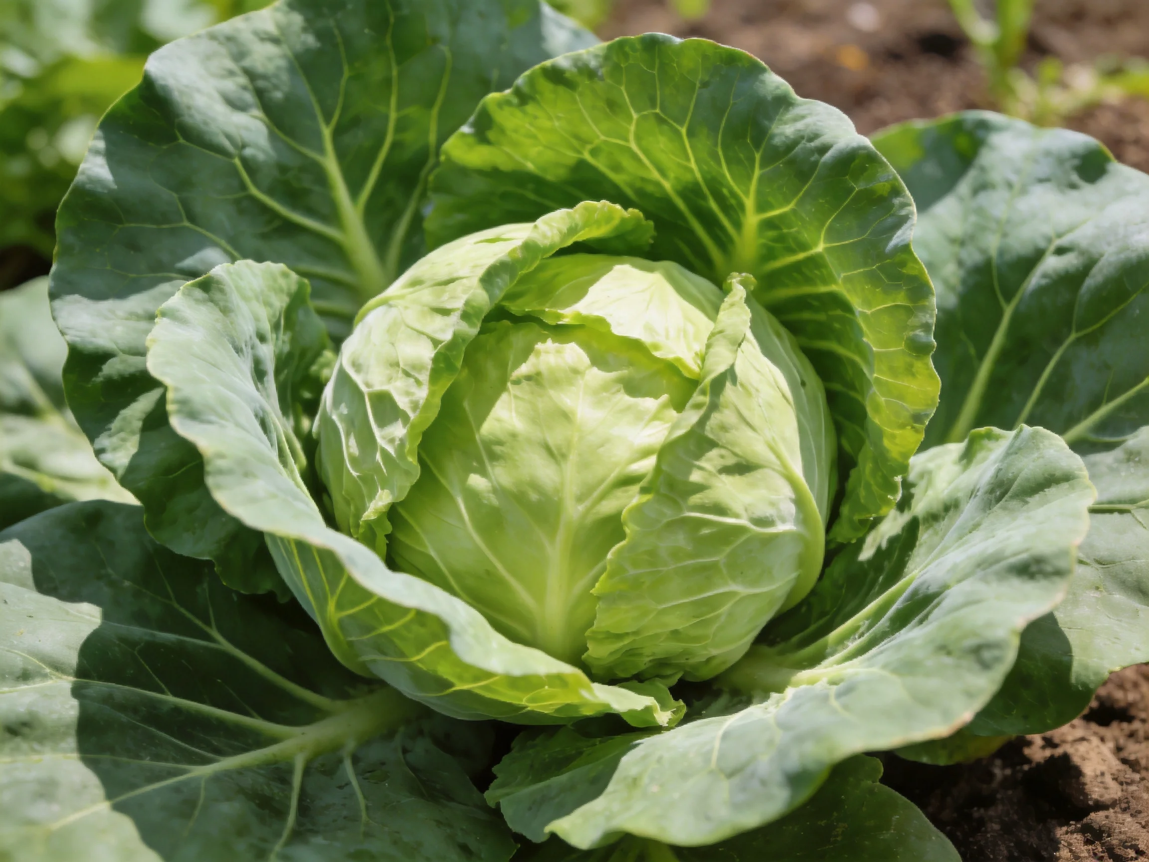 A vibrant green cabbage surrounded by broad, veined leaves
