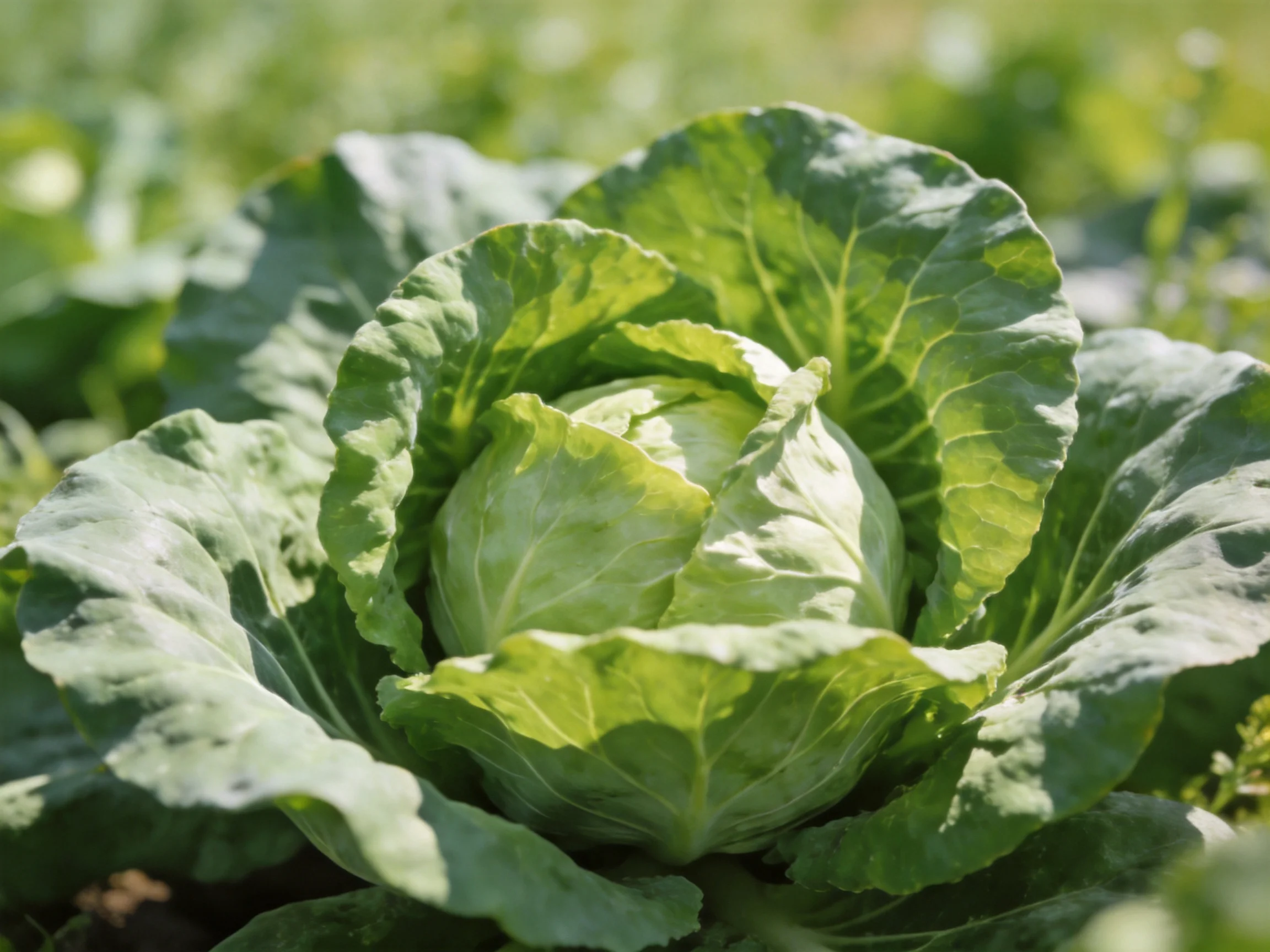 A vibrant green cabbage with broad, crinkled leaves in a sunlit field