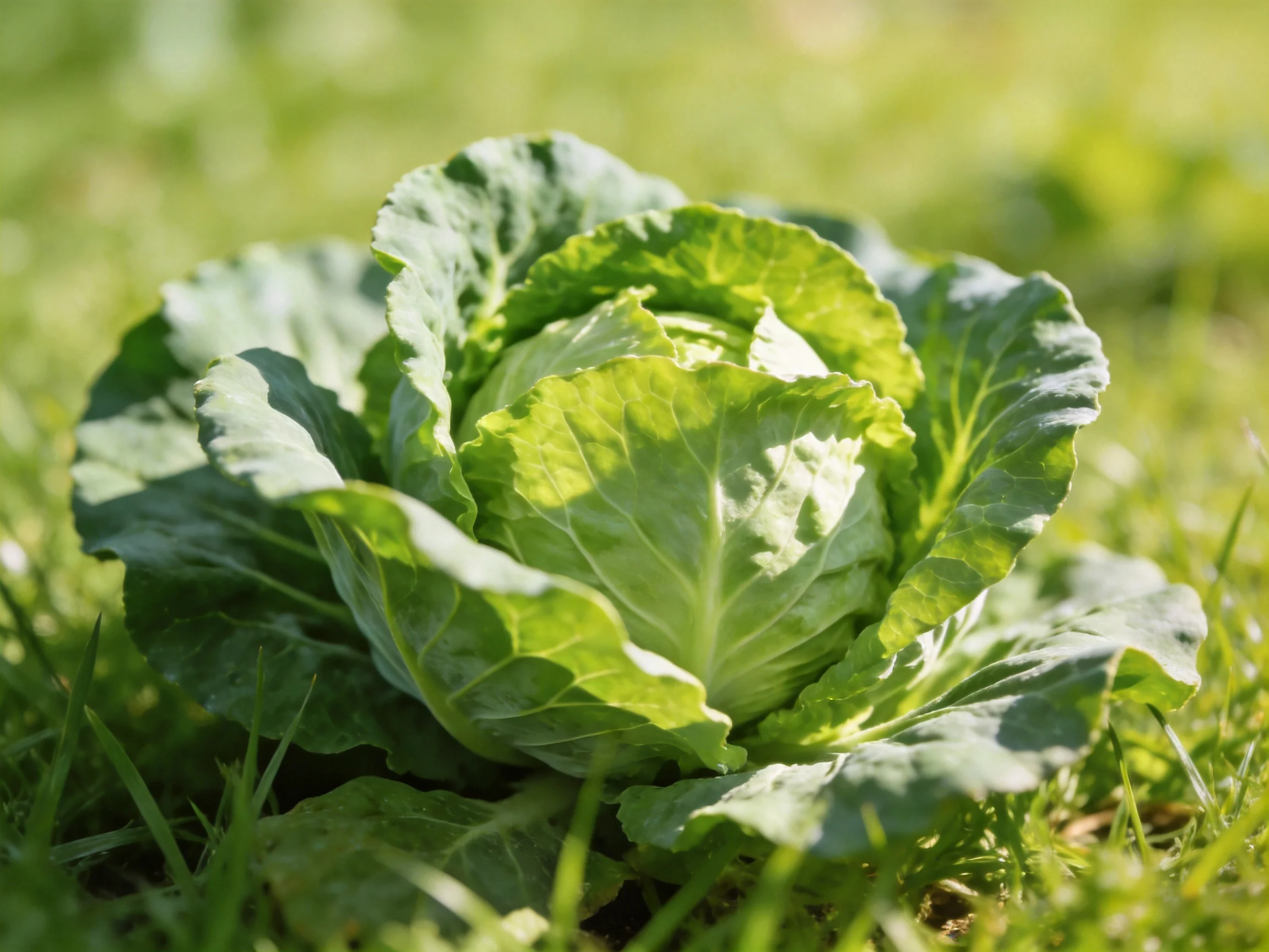 A vibrant green cabbage with broad leaves among grass under bright sunlight