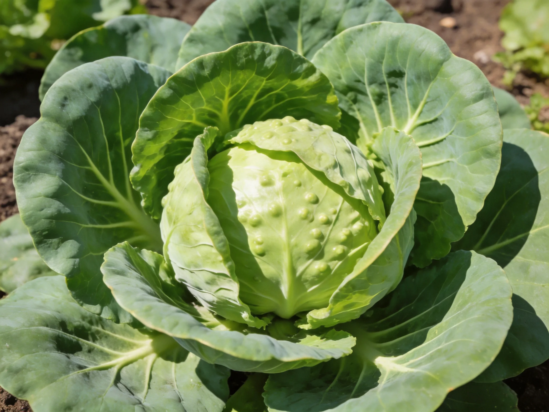 A vibrant green cabbage with broad leaves in a garden