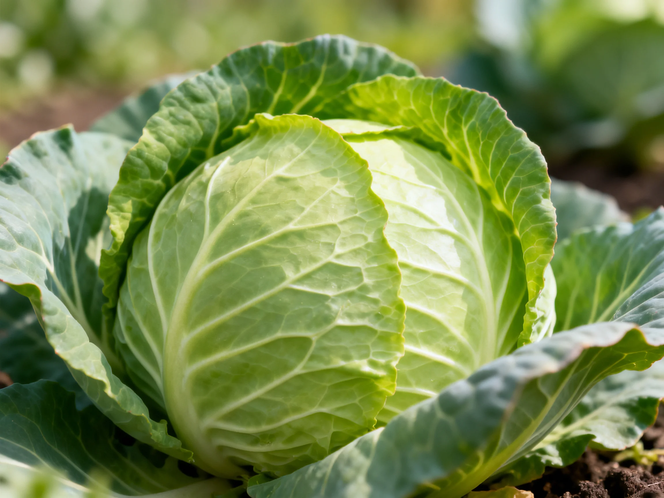 A vibrant green cabbage with broad leaves in a garden setting