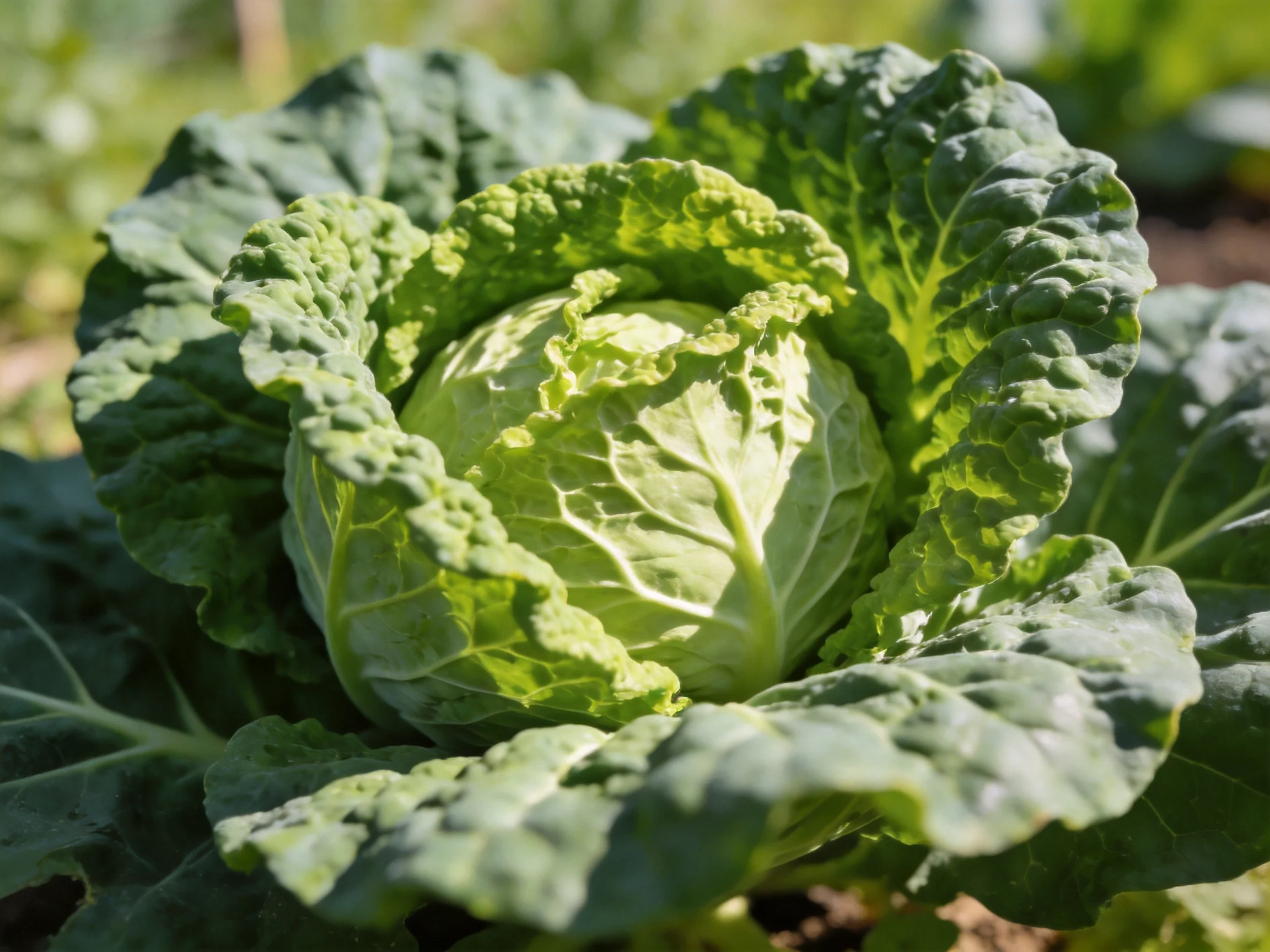 A vibrant green cabbage with broad, textured leaves in natural sunlight
