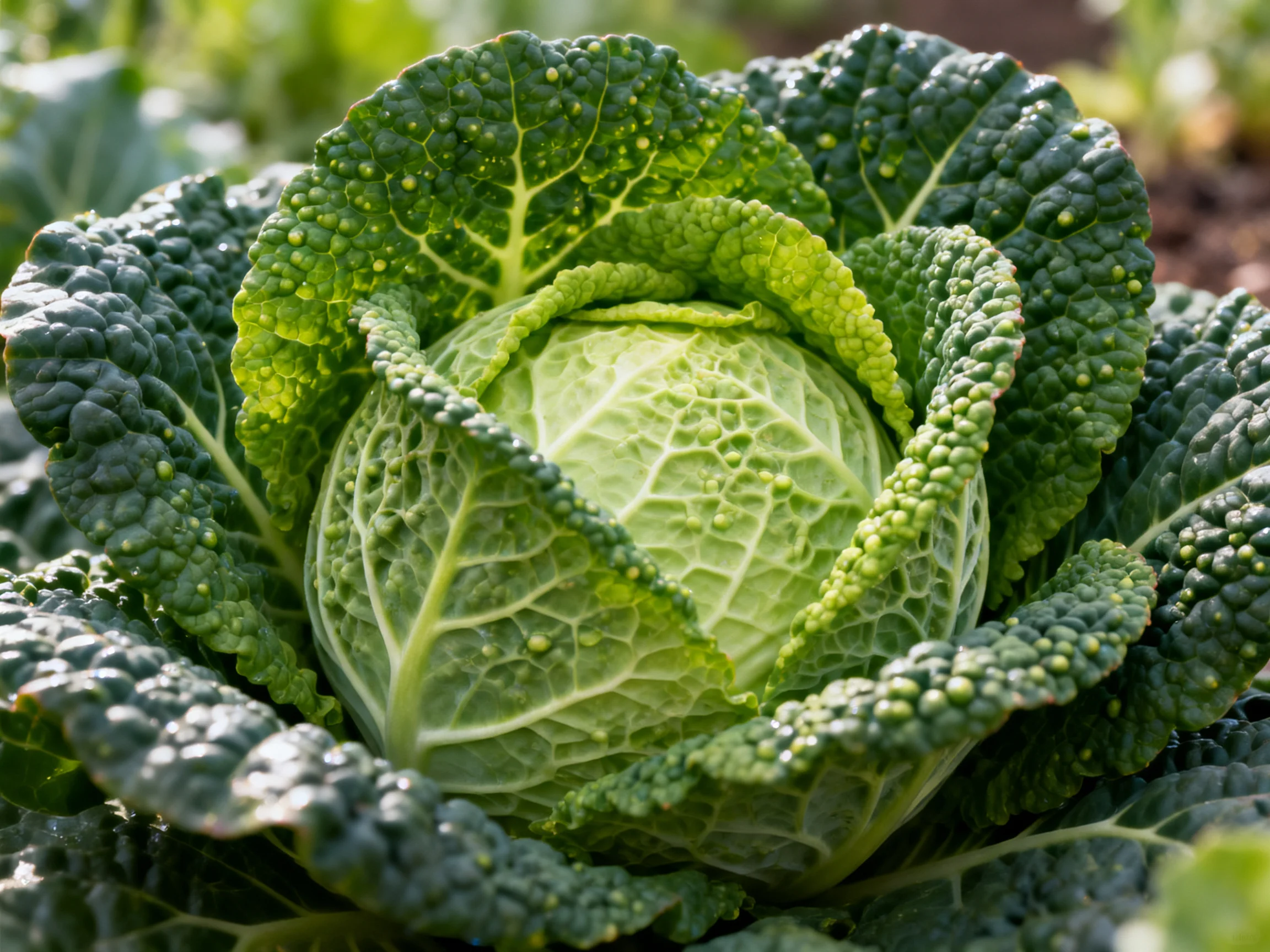 A vibrant green cabbage with distinctive textured leaves in a garden