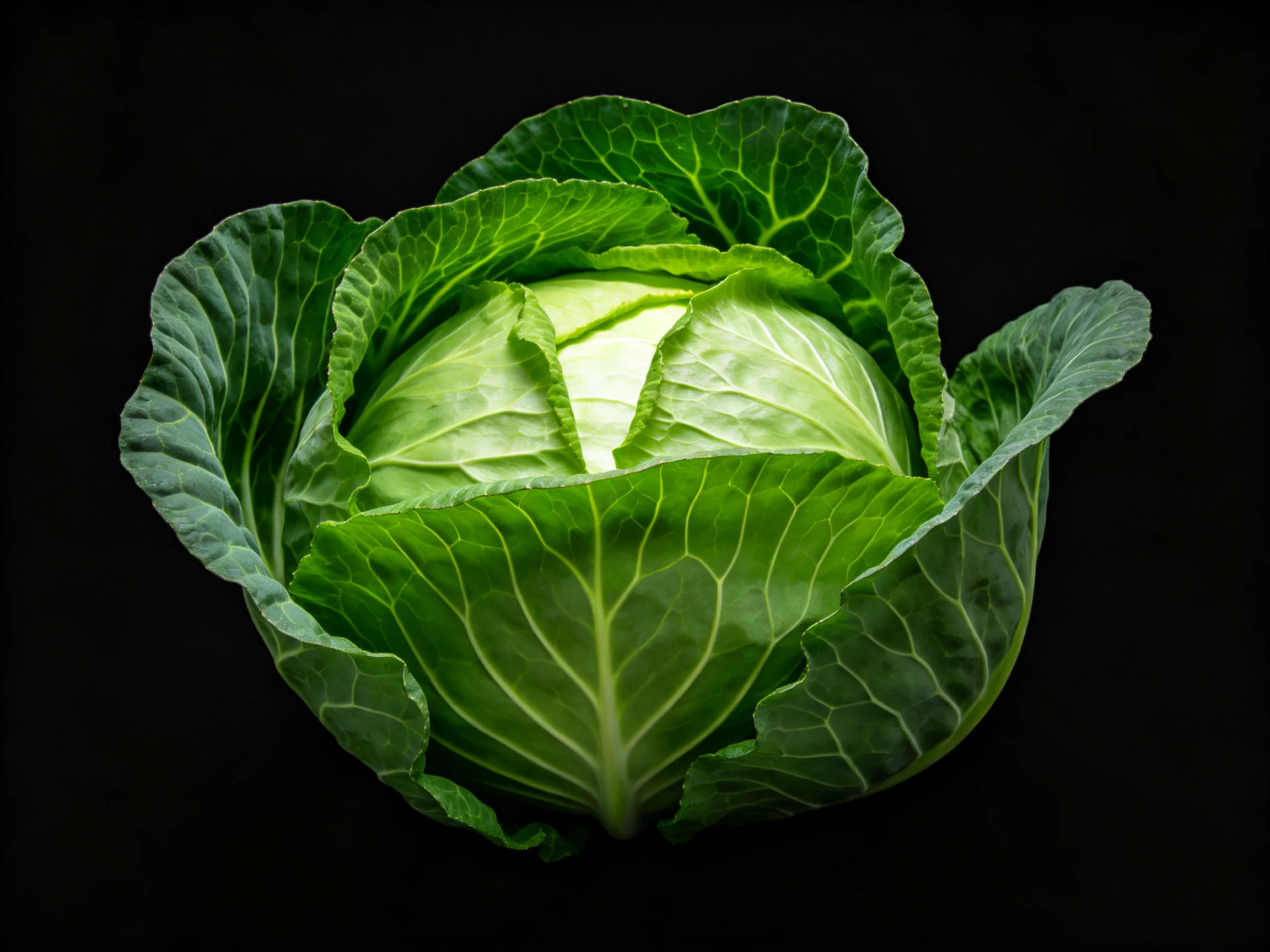 A vibrant green cabbage with textured leaves against a black backdrop