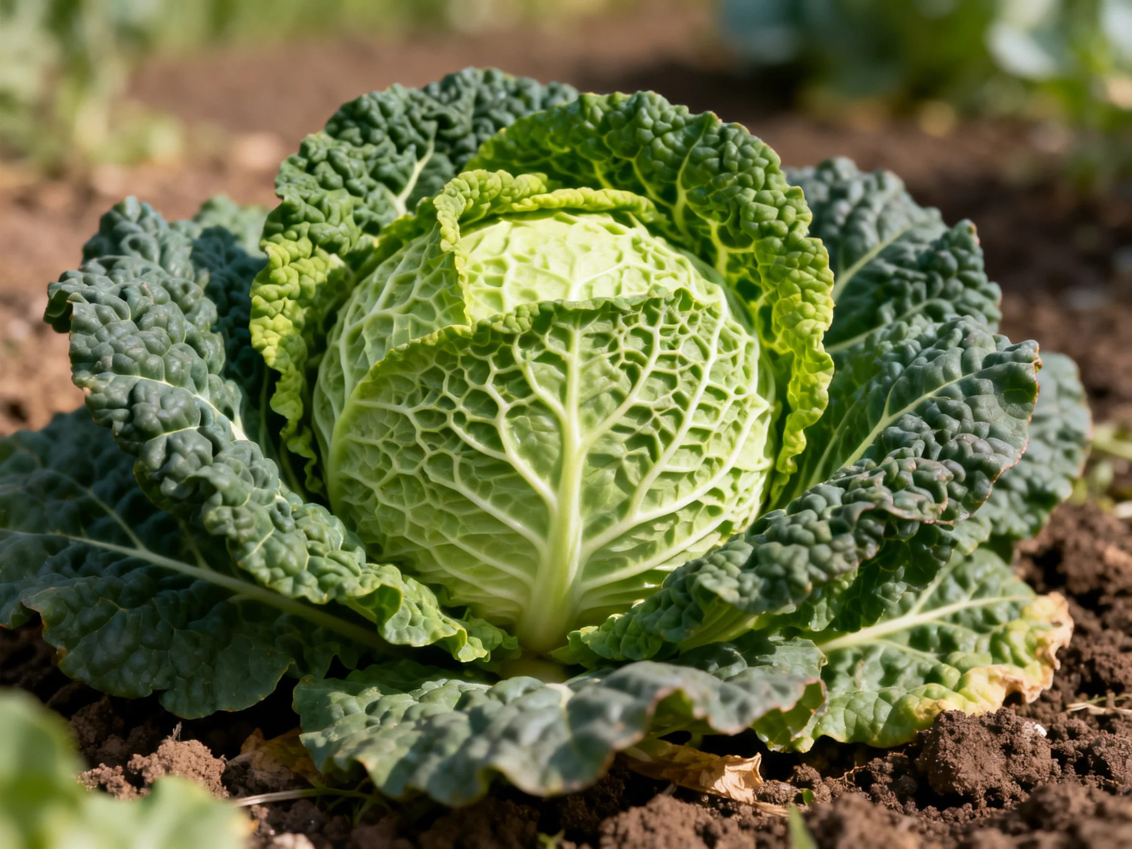 A vibrant green cabbage with textured leaves growing in dark soil
