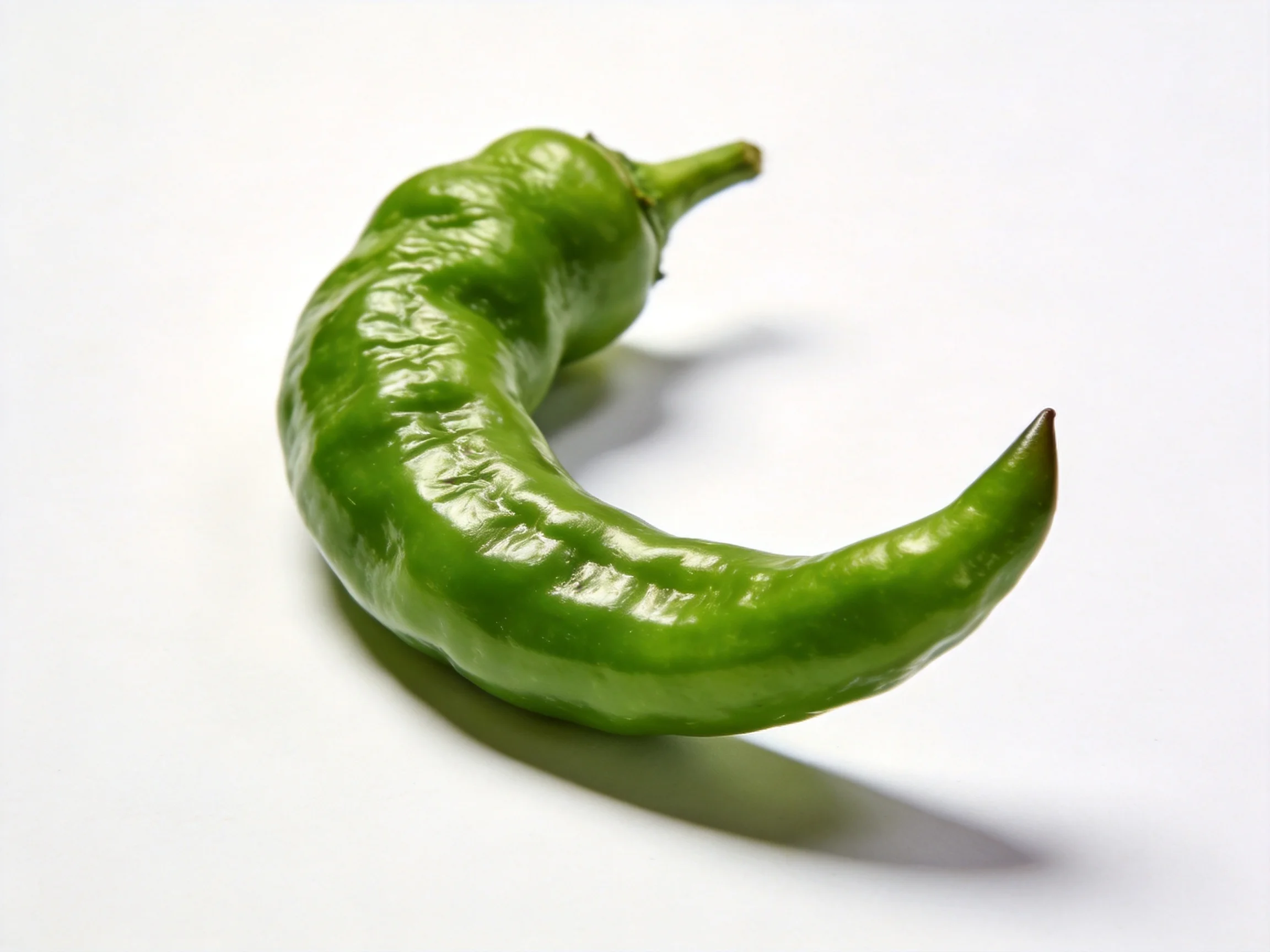 A vibrant green chili pepper curved on a white surface