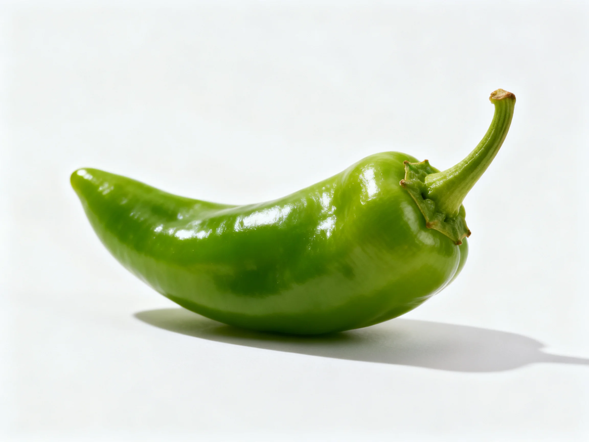 A vibrant green chili pepper positioned on a white background