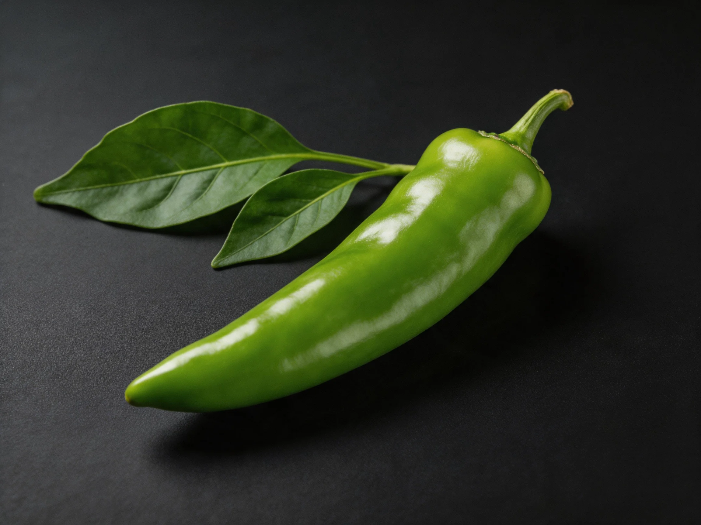 A vibrant green chili pepper with two glossy leaves on a black surface