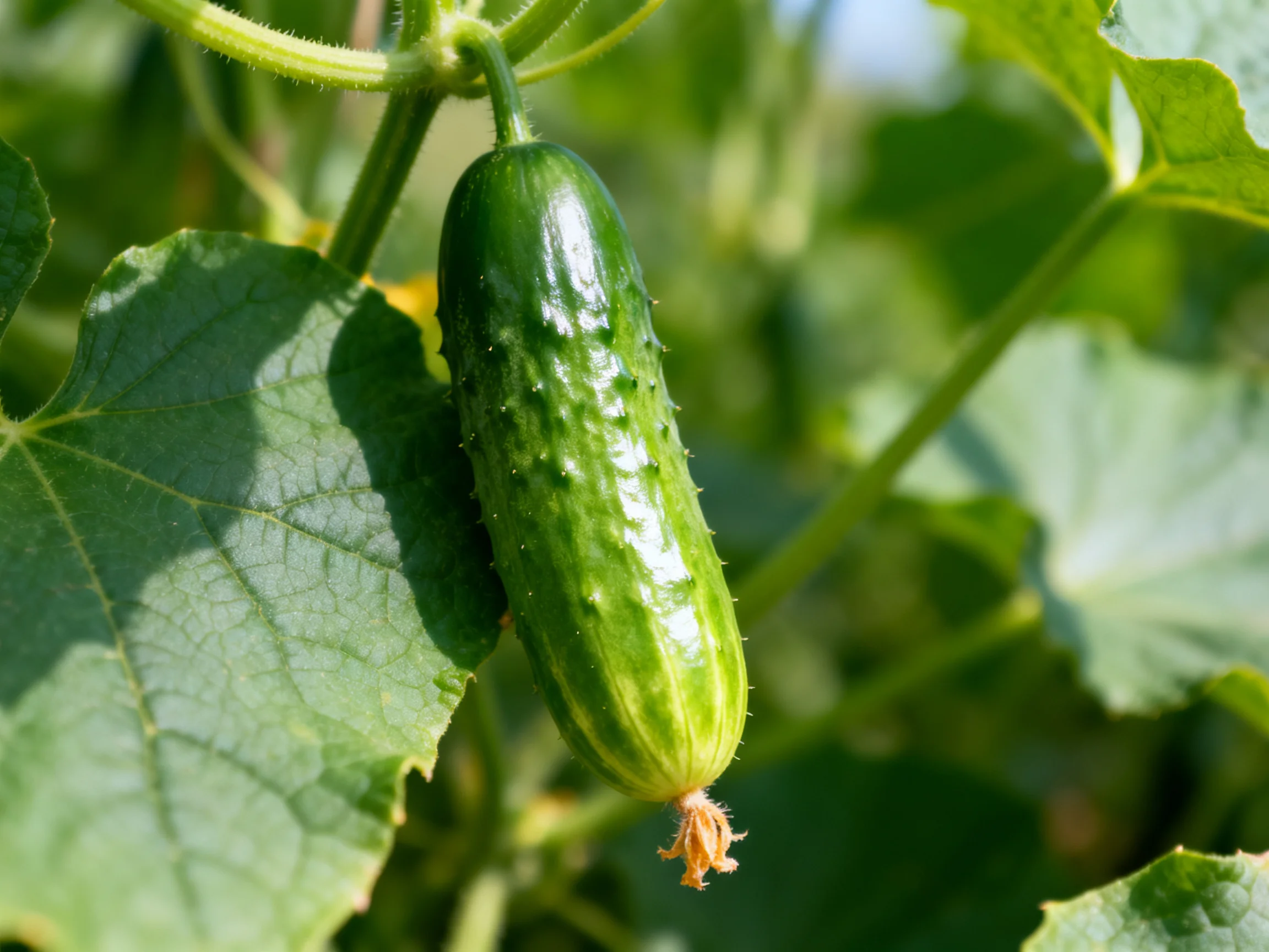 A vibrant green cucumber hangs from a leafy vine