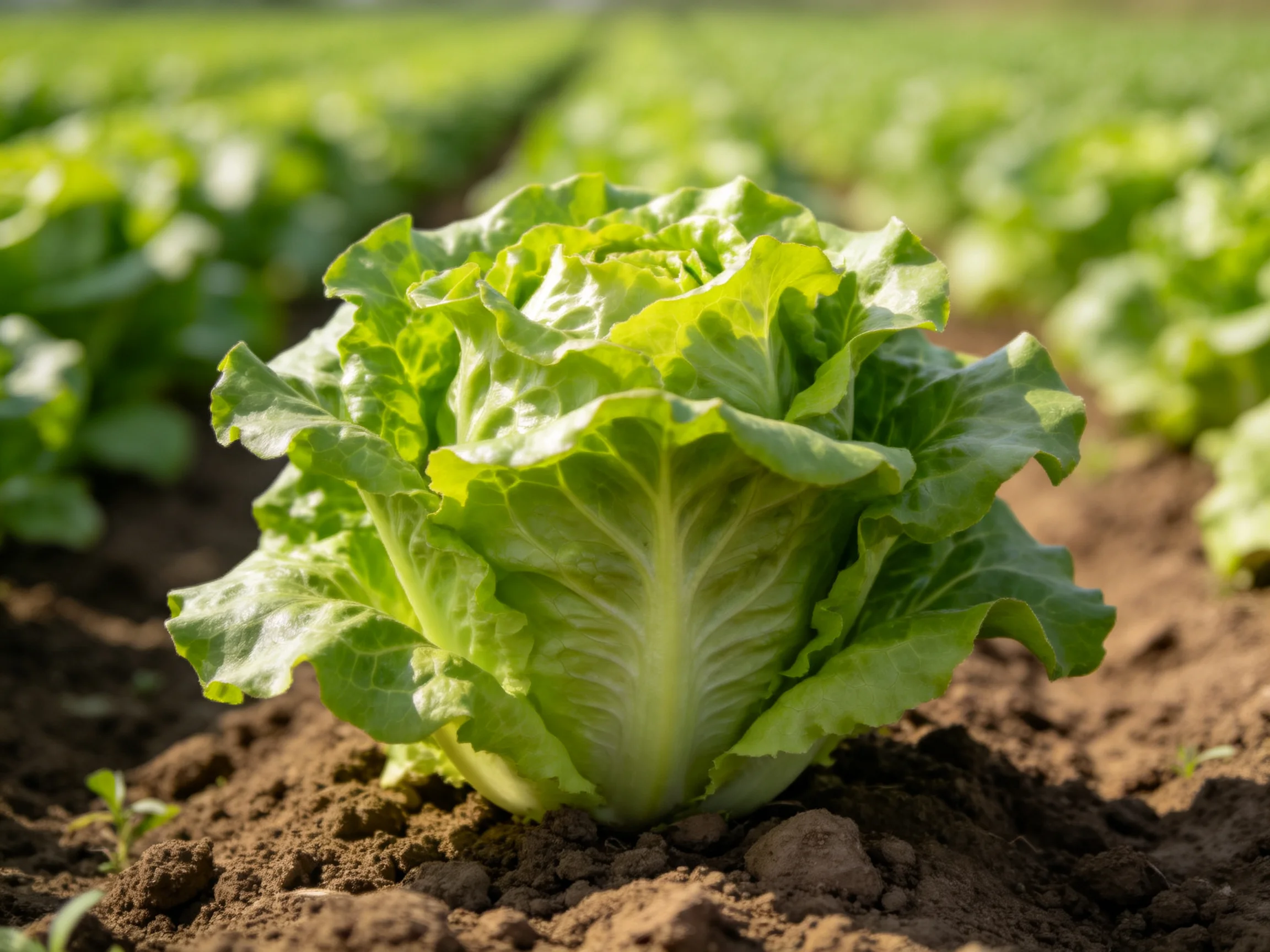 A vibrant green head of lettuce growing in a sunlit agricultural field