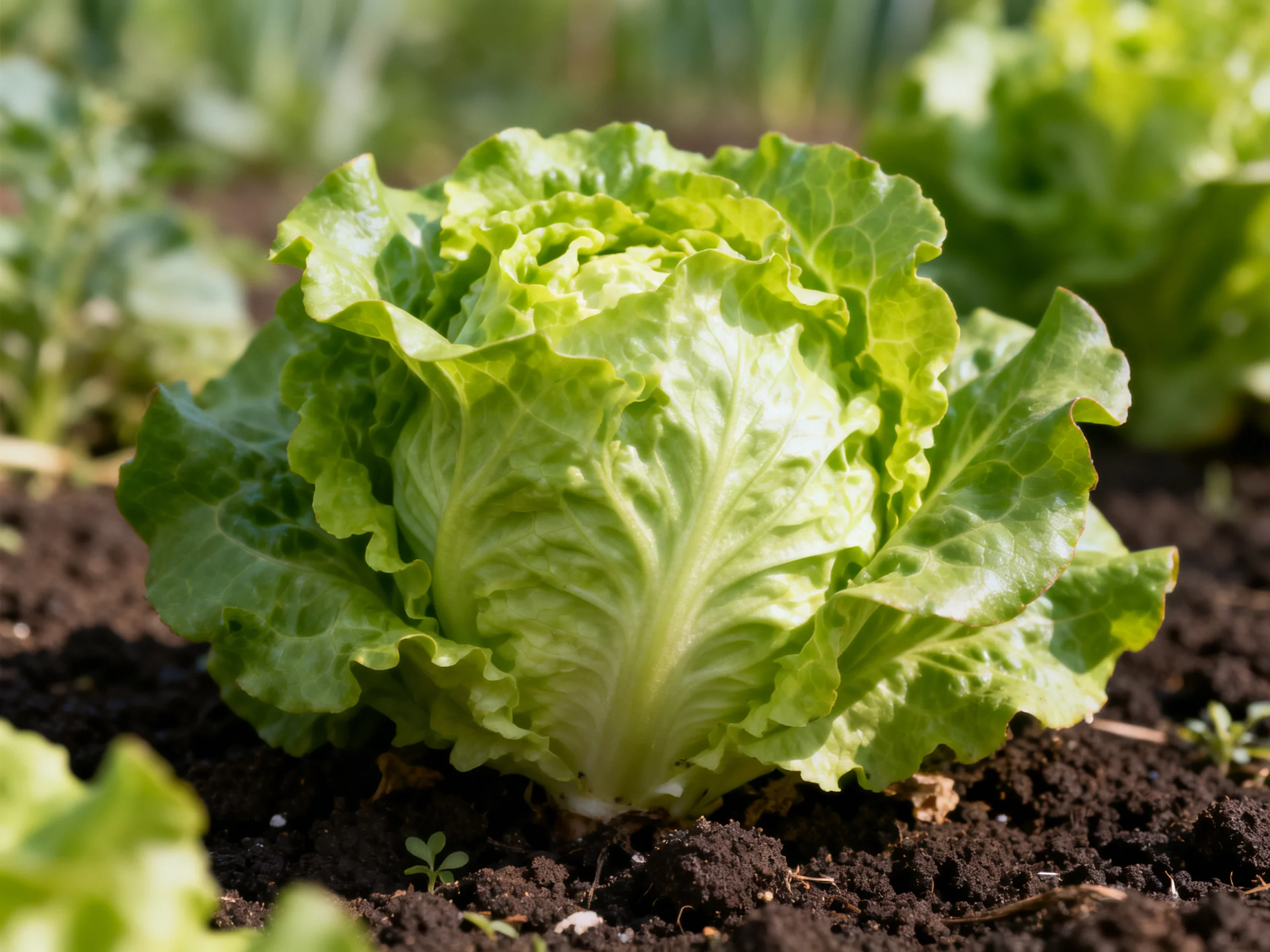 A vibrant green head of lettuce growing in dark soil among other plants