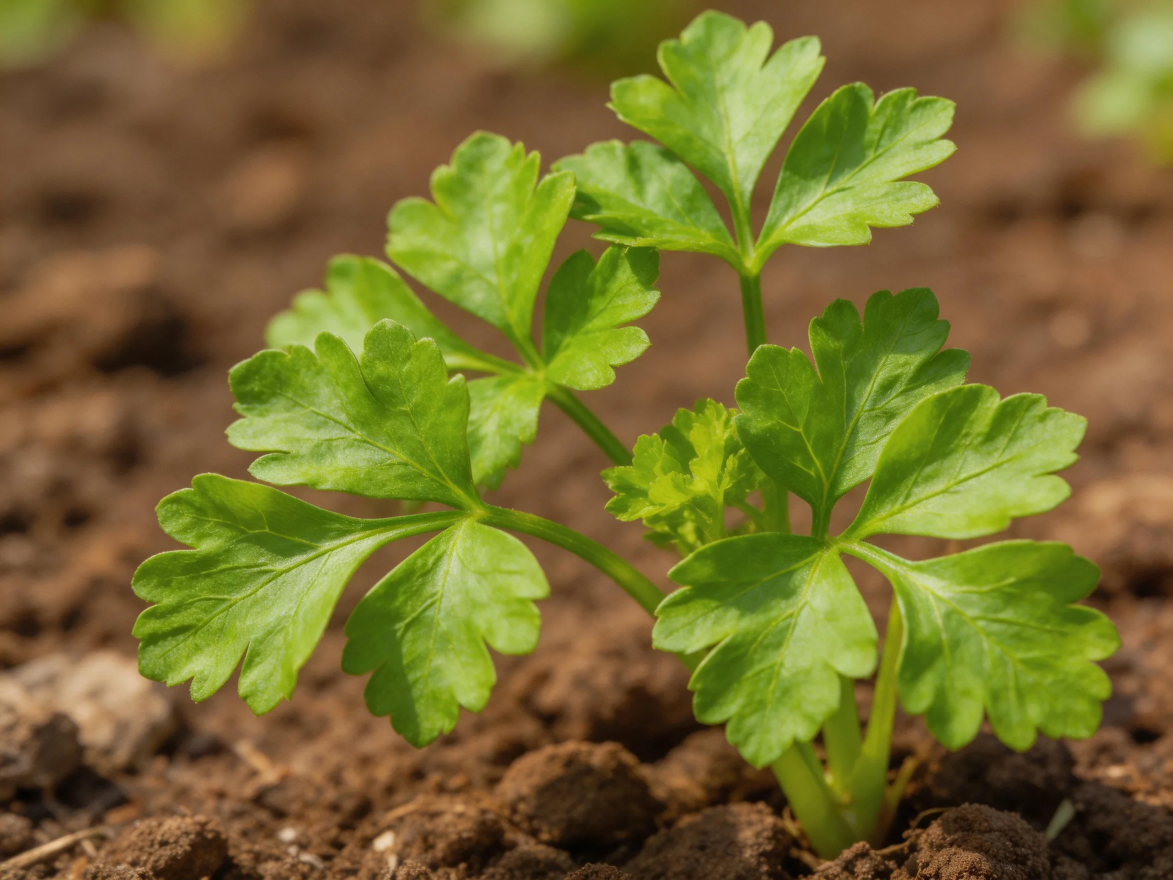 A vibrant green herb seedling growing from dark brown soil