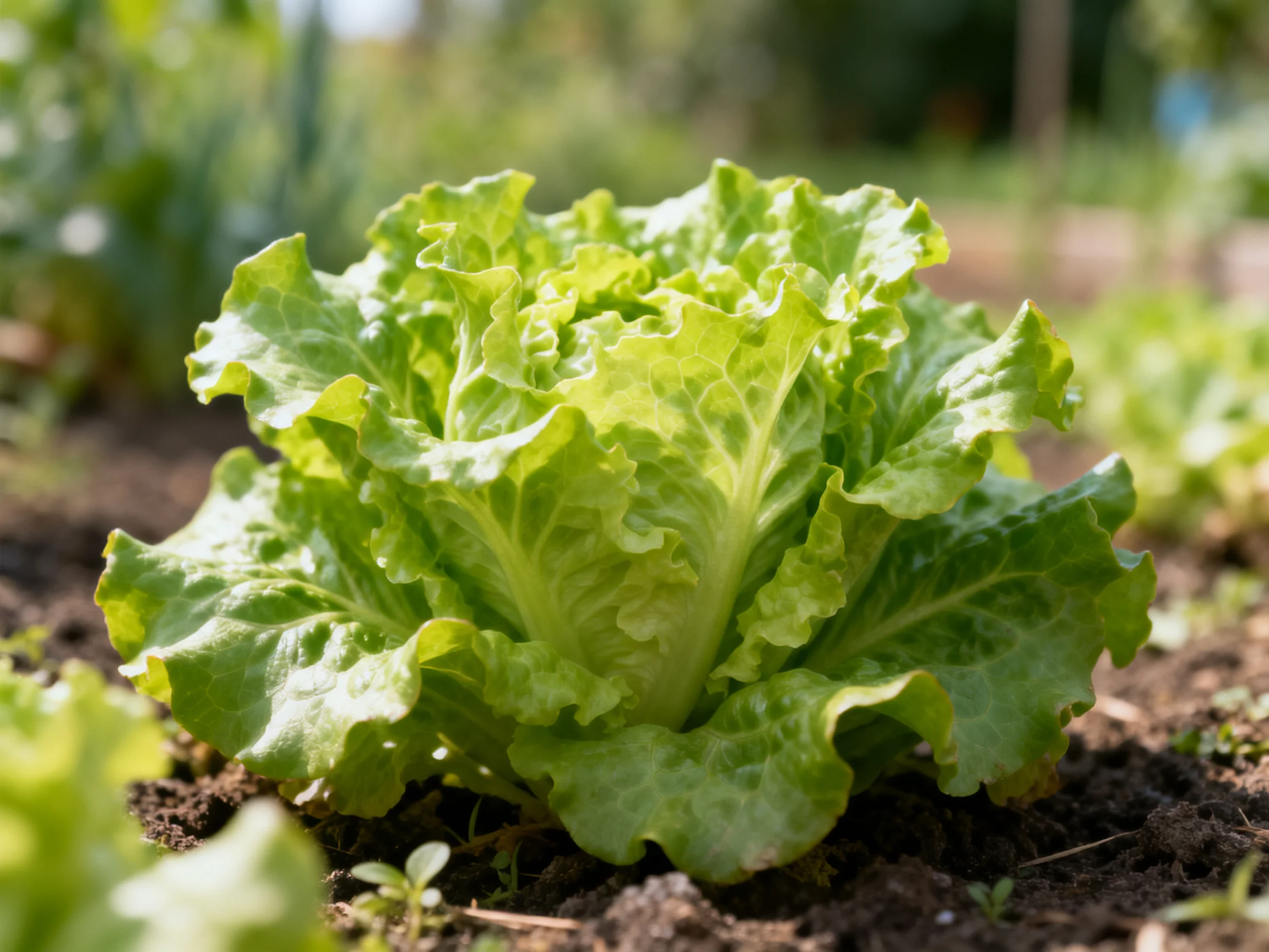 A vibrant green lettuce head growing in a sunlit garden bed