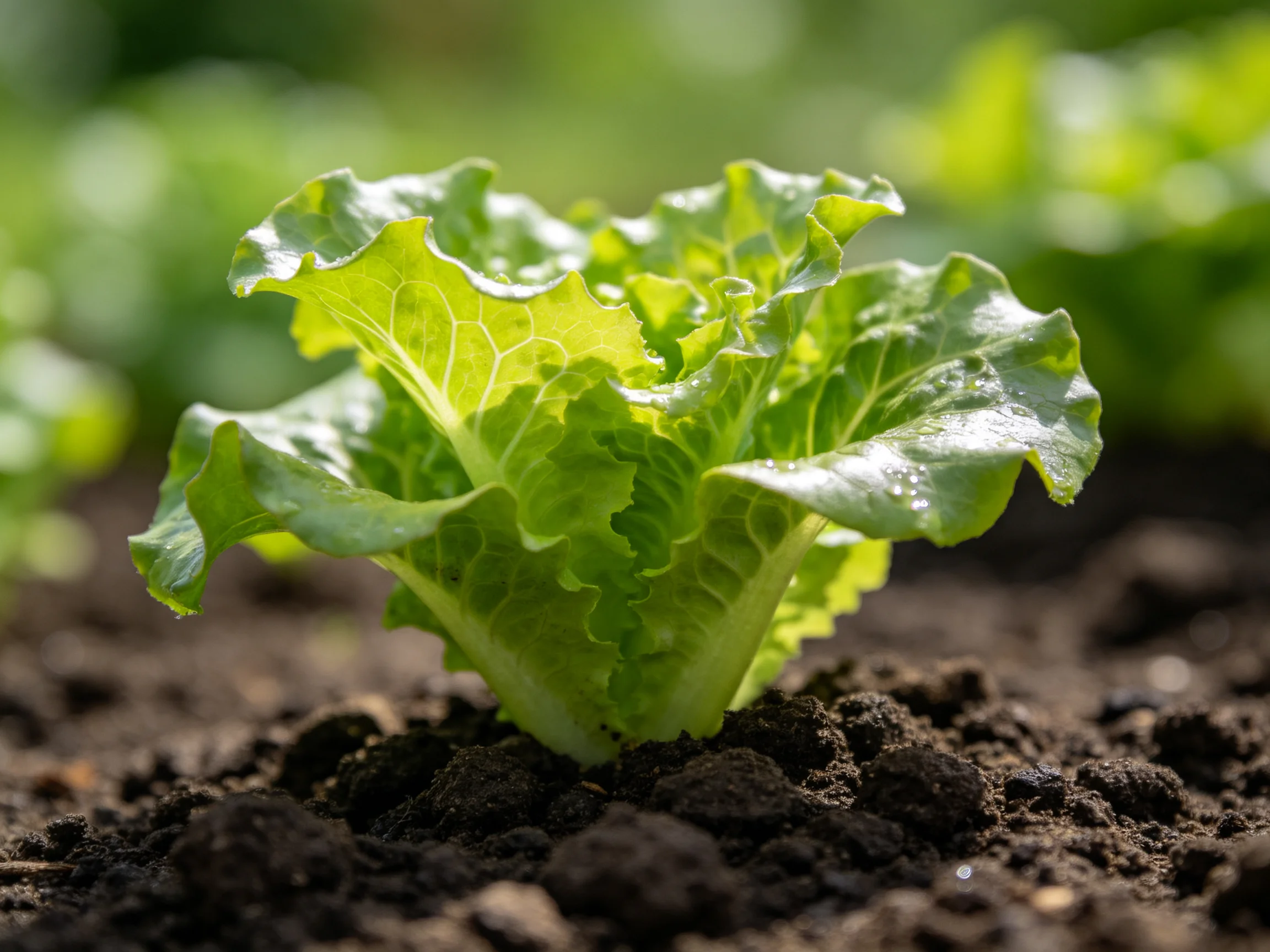 A vibrant green lettuce plant growing in dark, moist soil