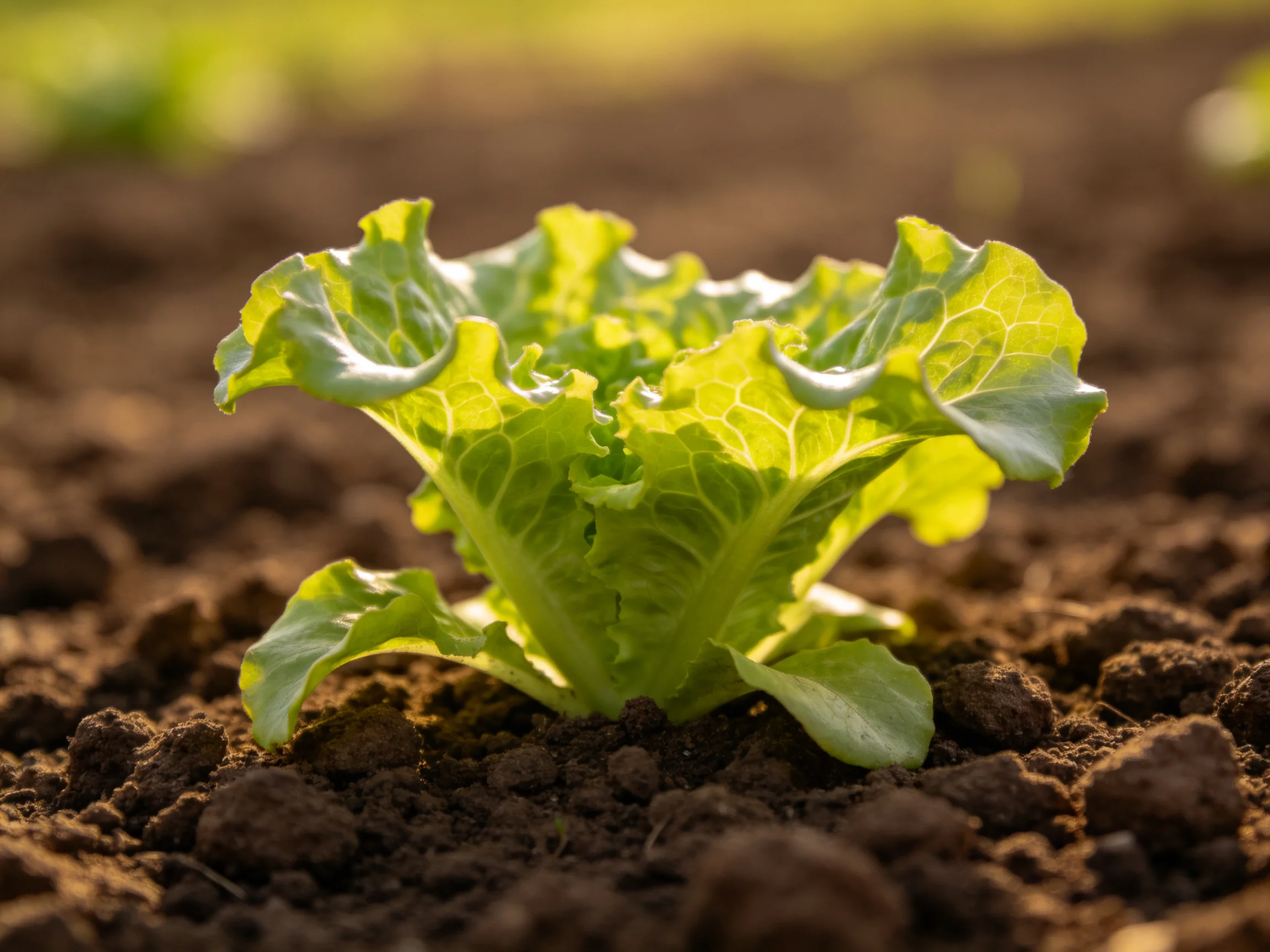 A vibrant green lettuce plant growing in rich brown soil