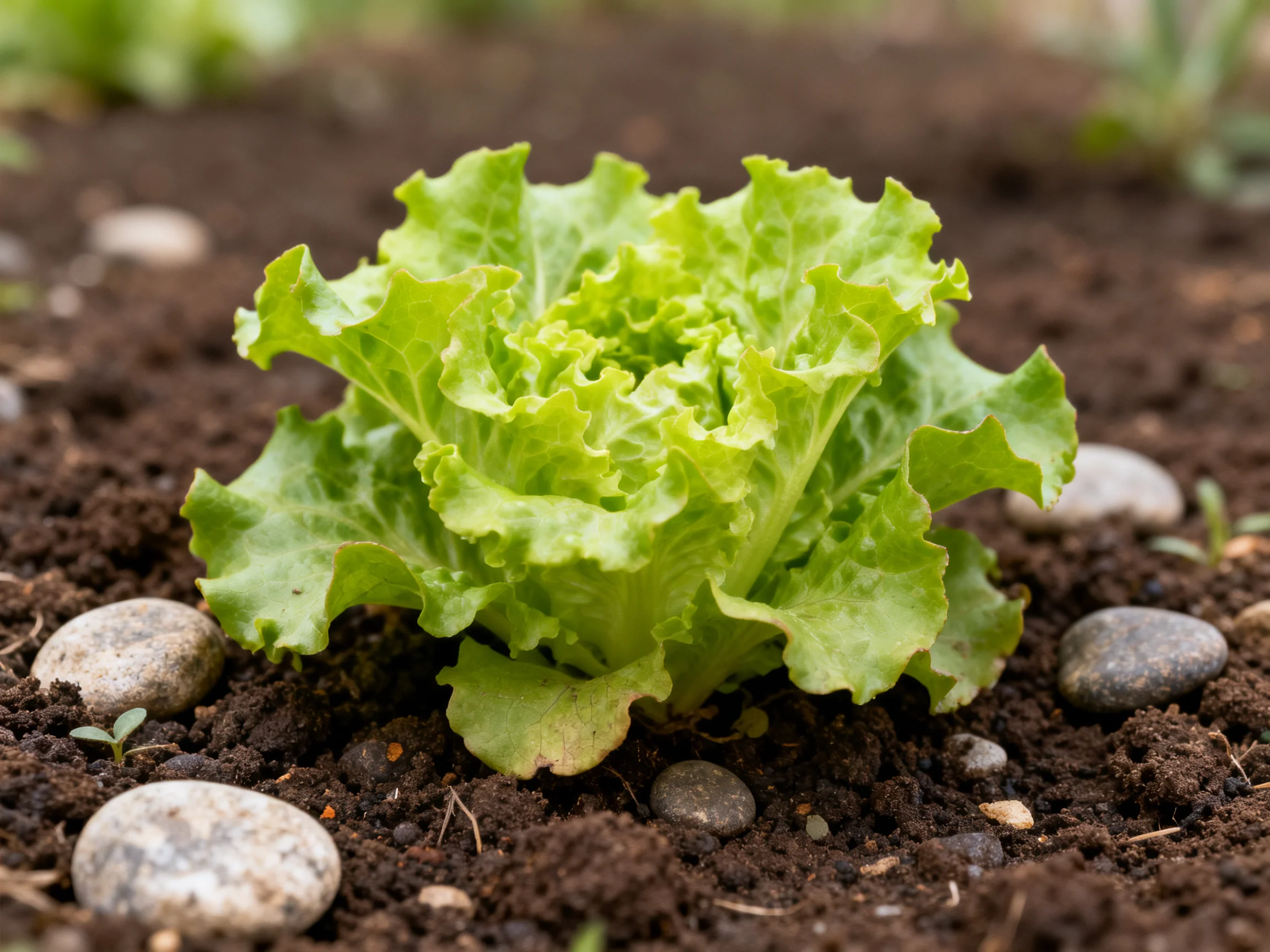 A vibrant green lettuce plant grows among dark soil and smooth stones