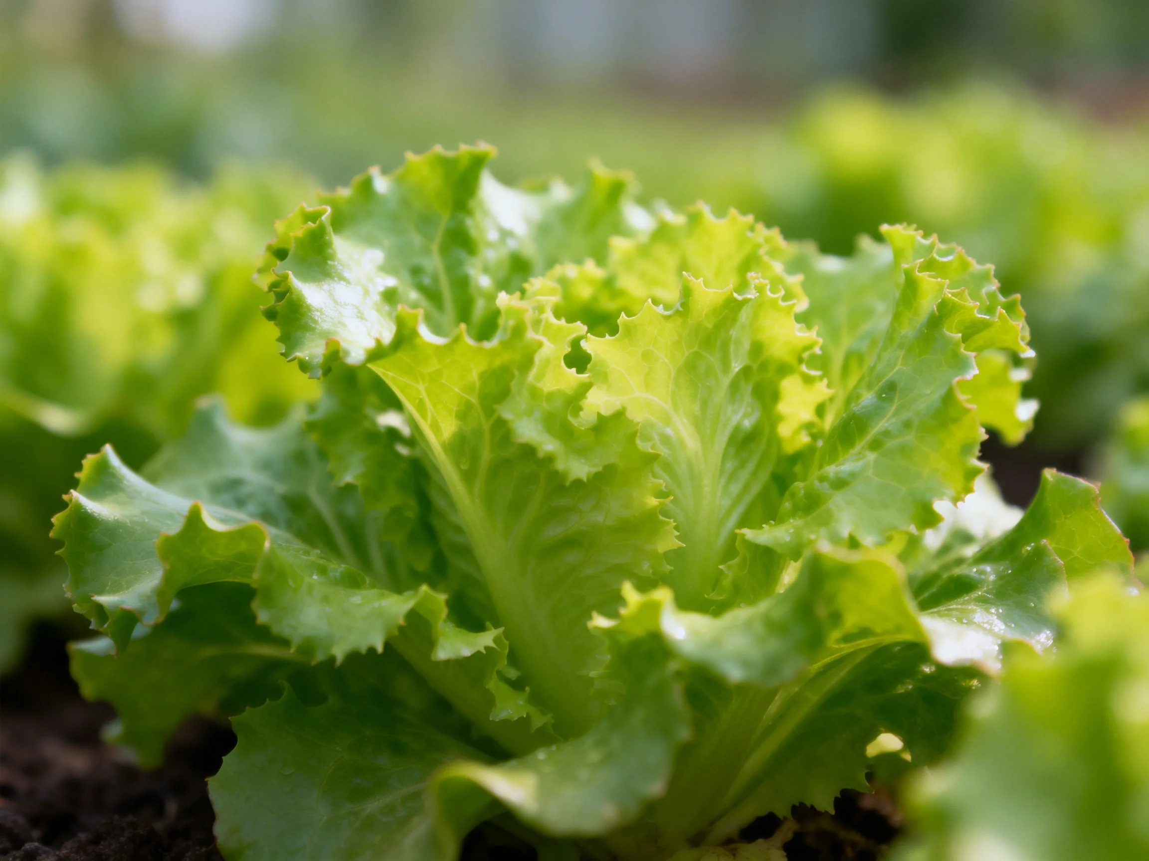A vibrant green lettuce plant with ruffled edges growing in a garden bed