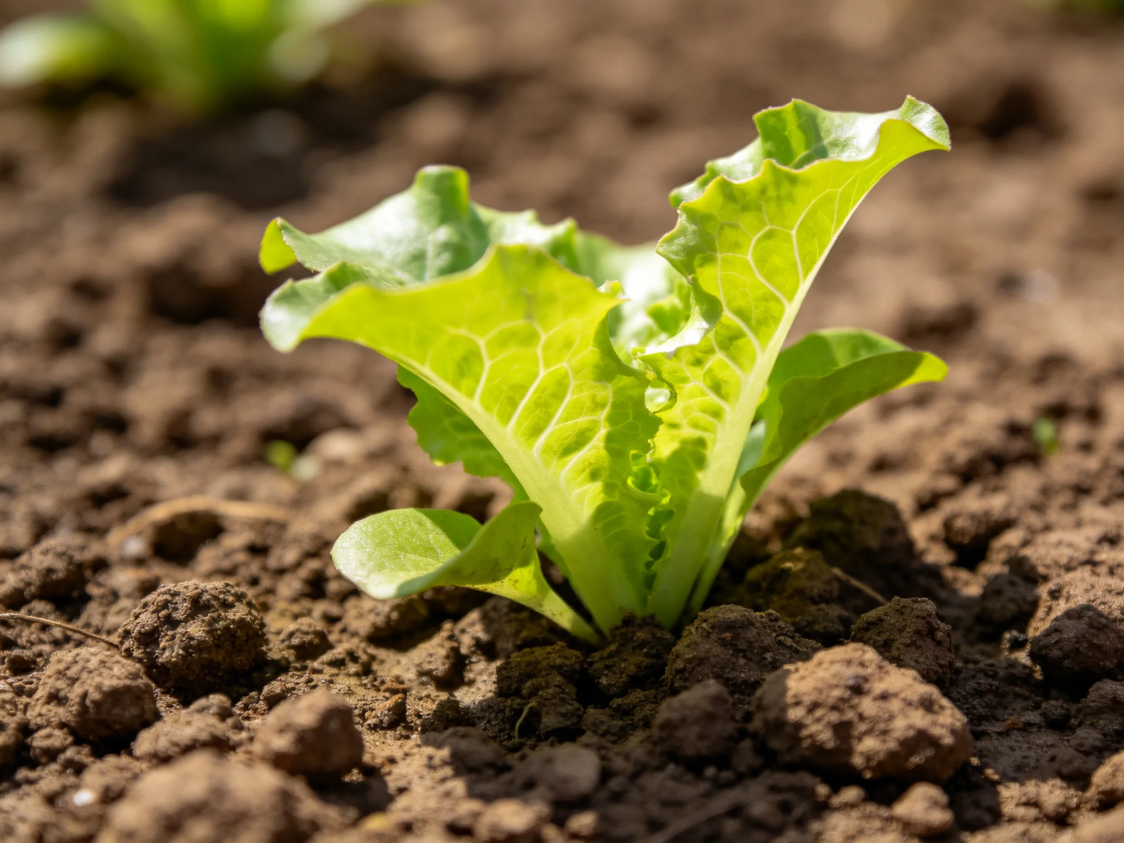 A vibrant green lettuce seedling grows in dark, crumbly soil