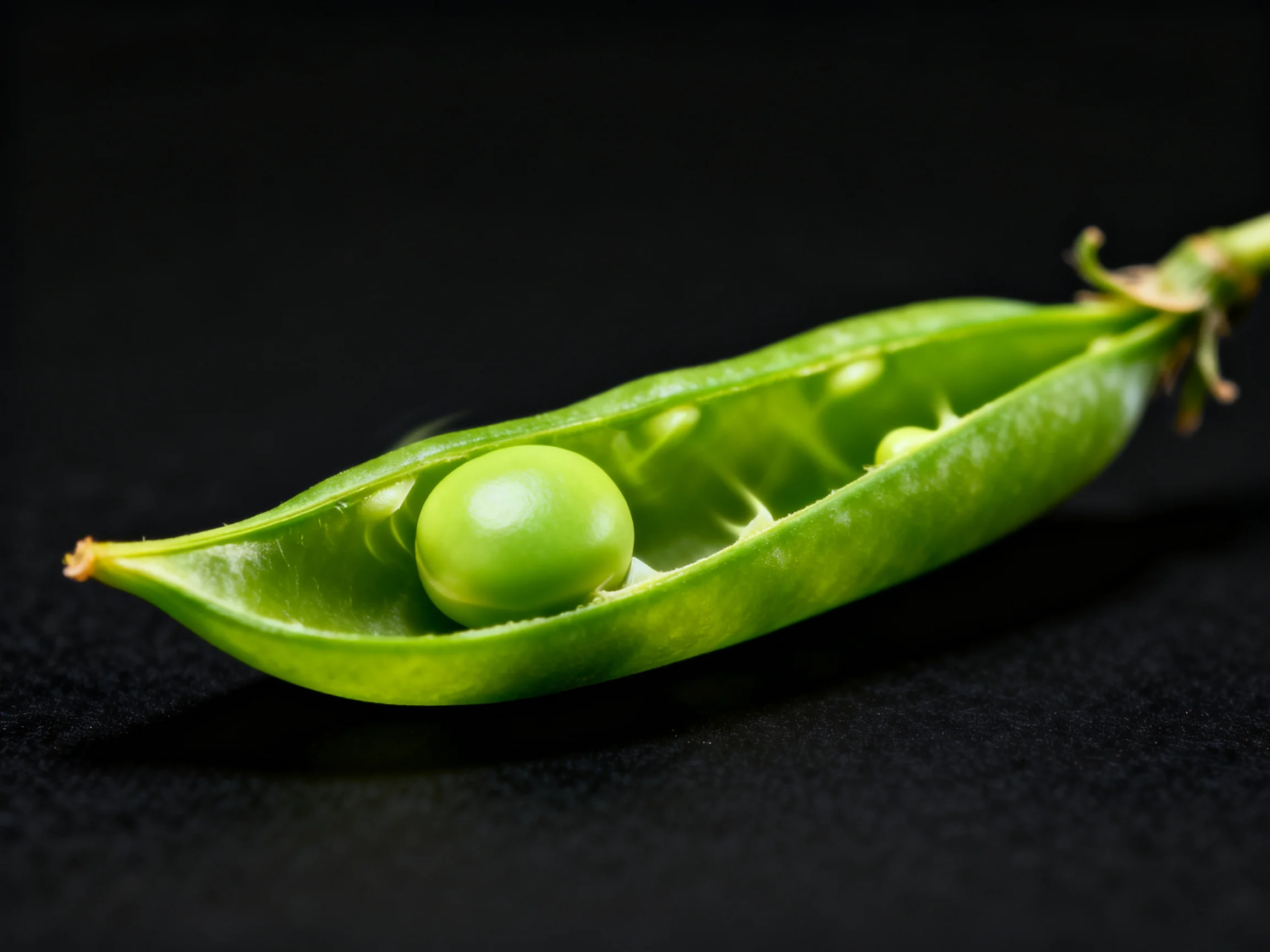 A vibrant green pea in an open pea pod set against a black surface