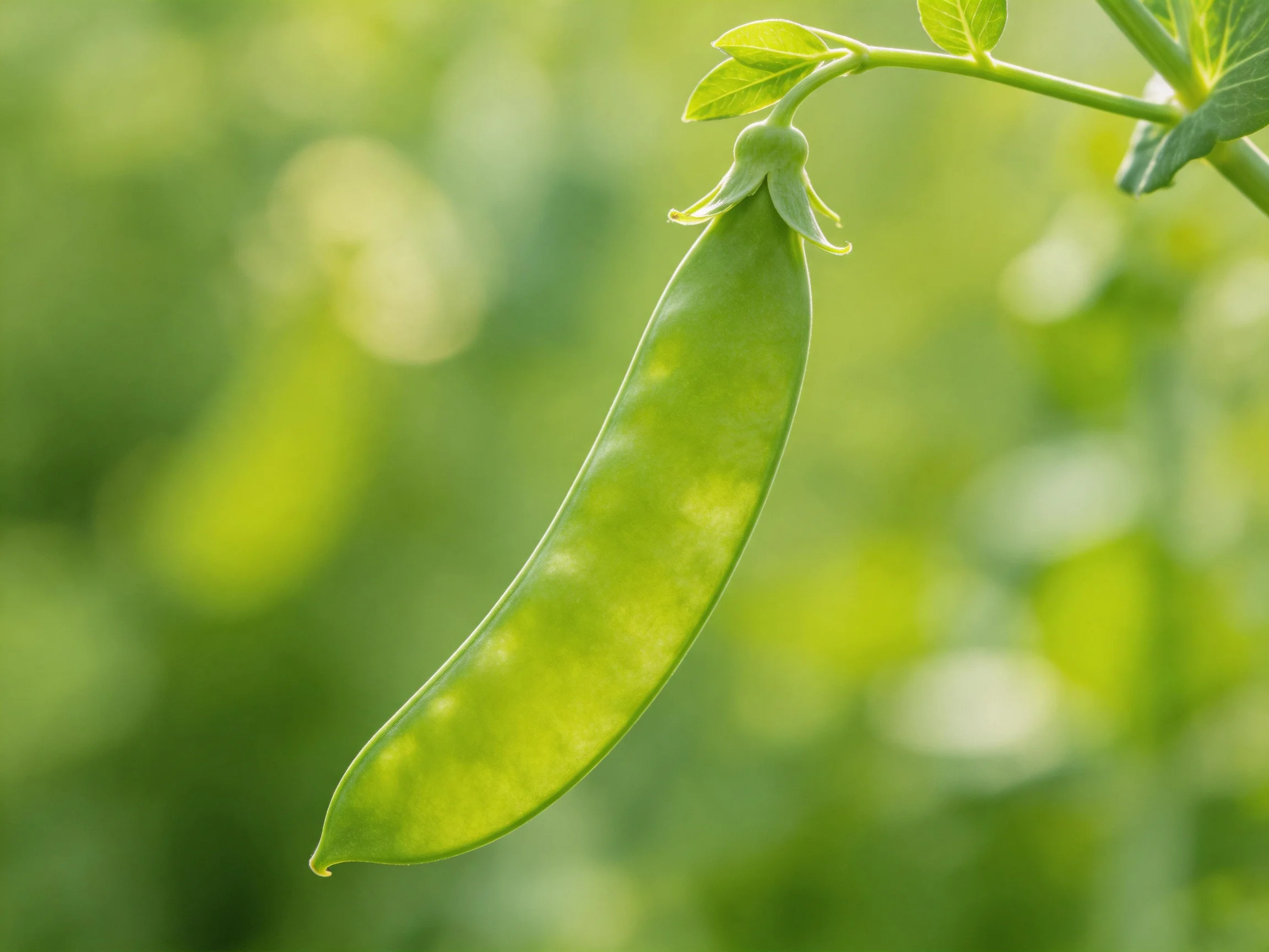 A vibrant green pea pod hanging from a leafy plant branch