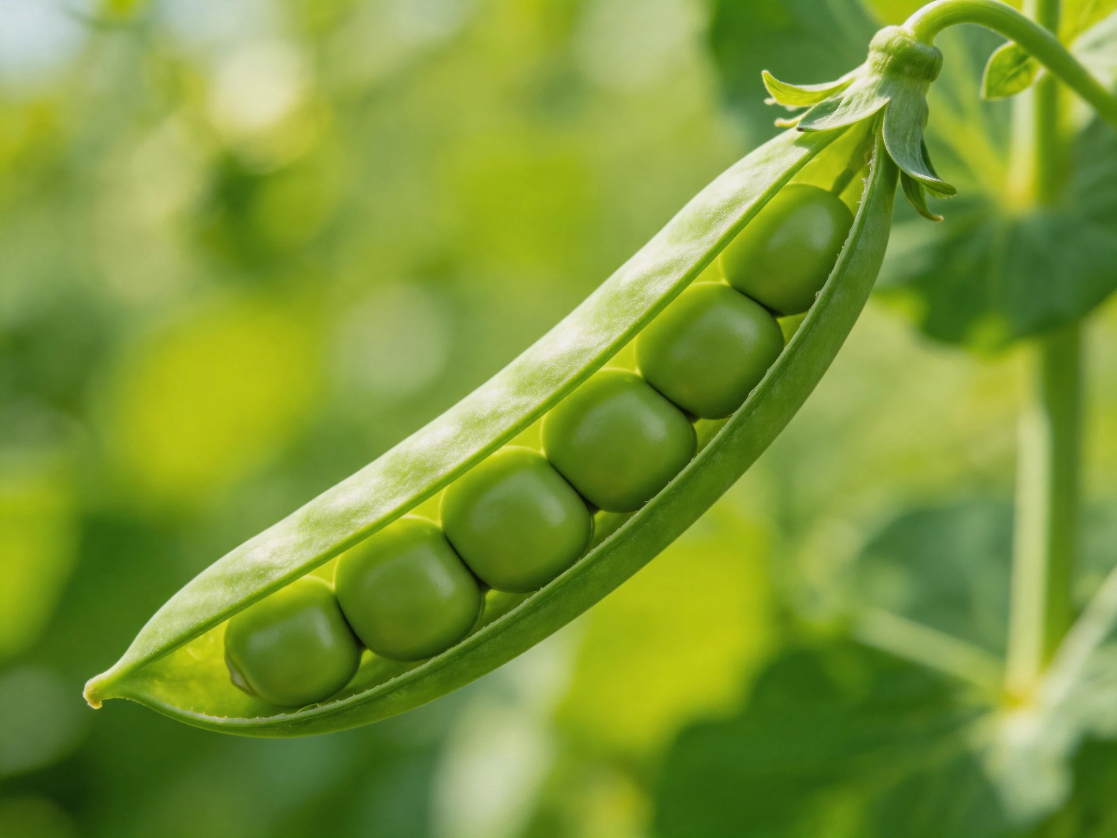 A vibrant green pea pod holding seven plump peas against a blurred green backdrop