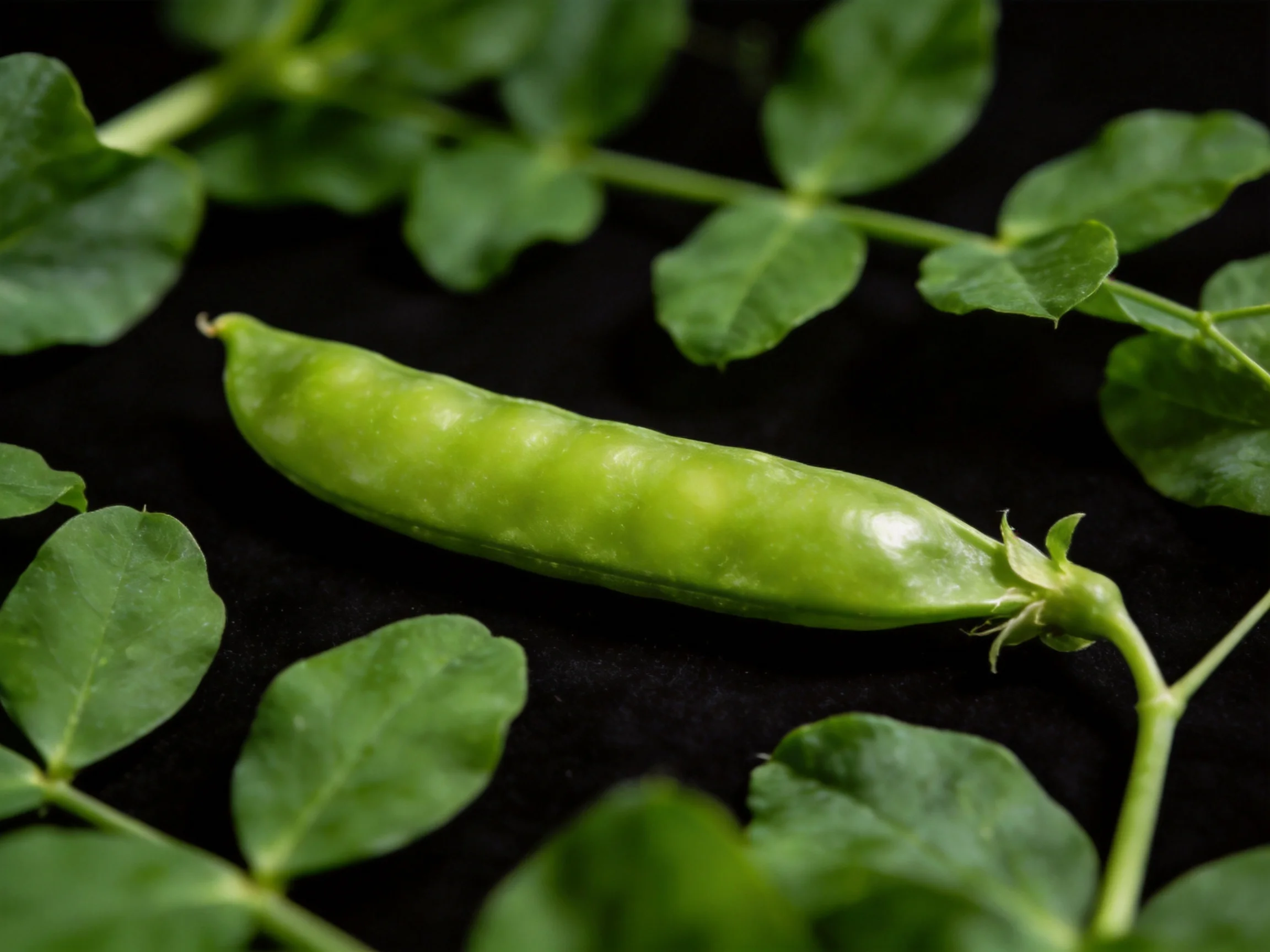 A vibrant green pea pod nestled among lush green leaves against a dark backdrop