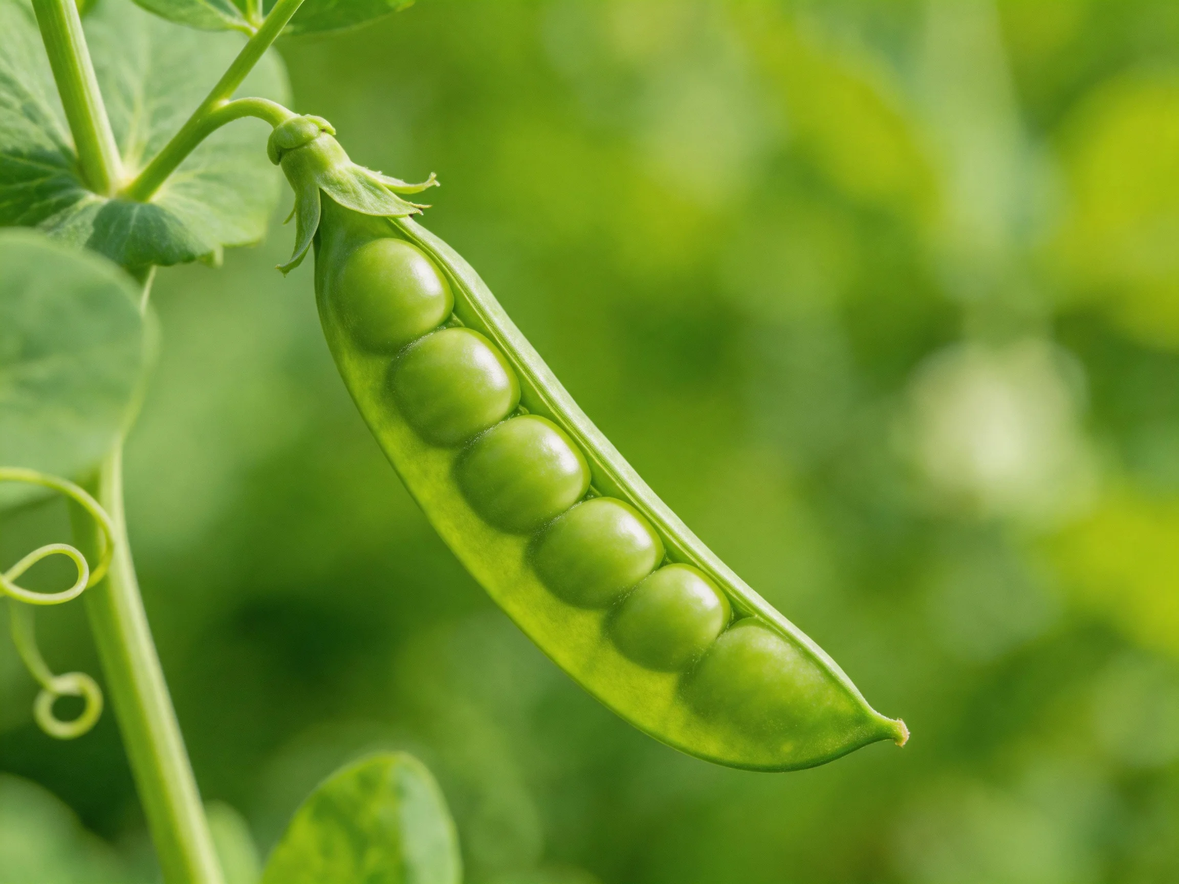 A vibrant green pea pod with six peas attached to a leafy plant