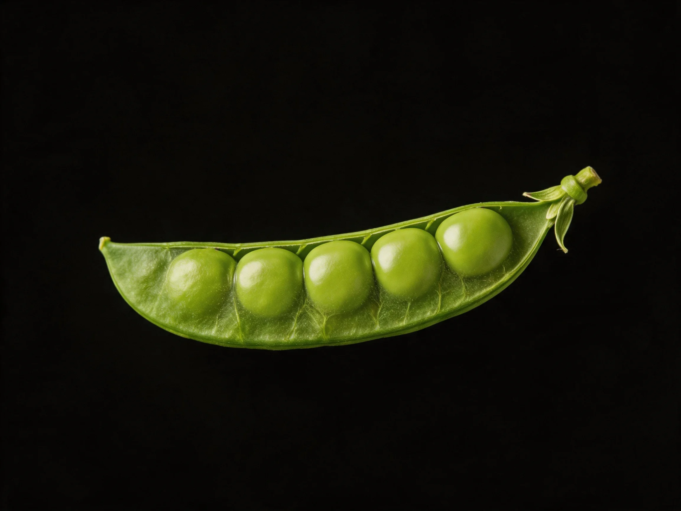 A vibrant green pea pod with six round peas on a solid black background