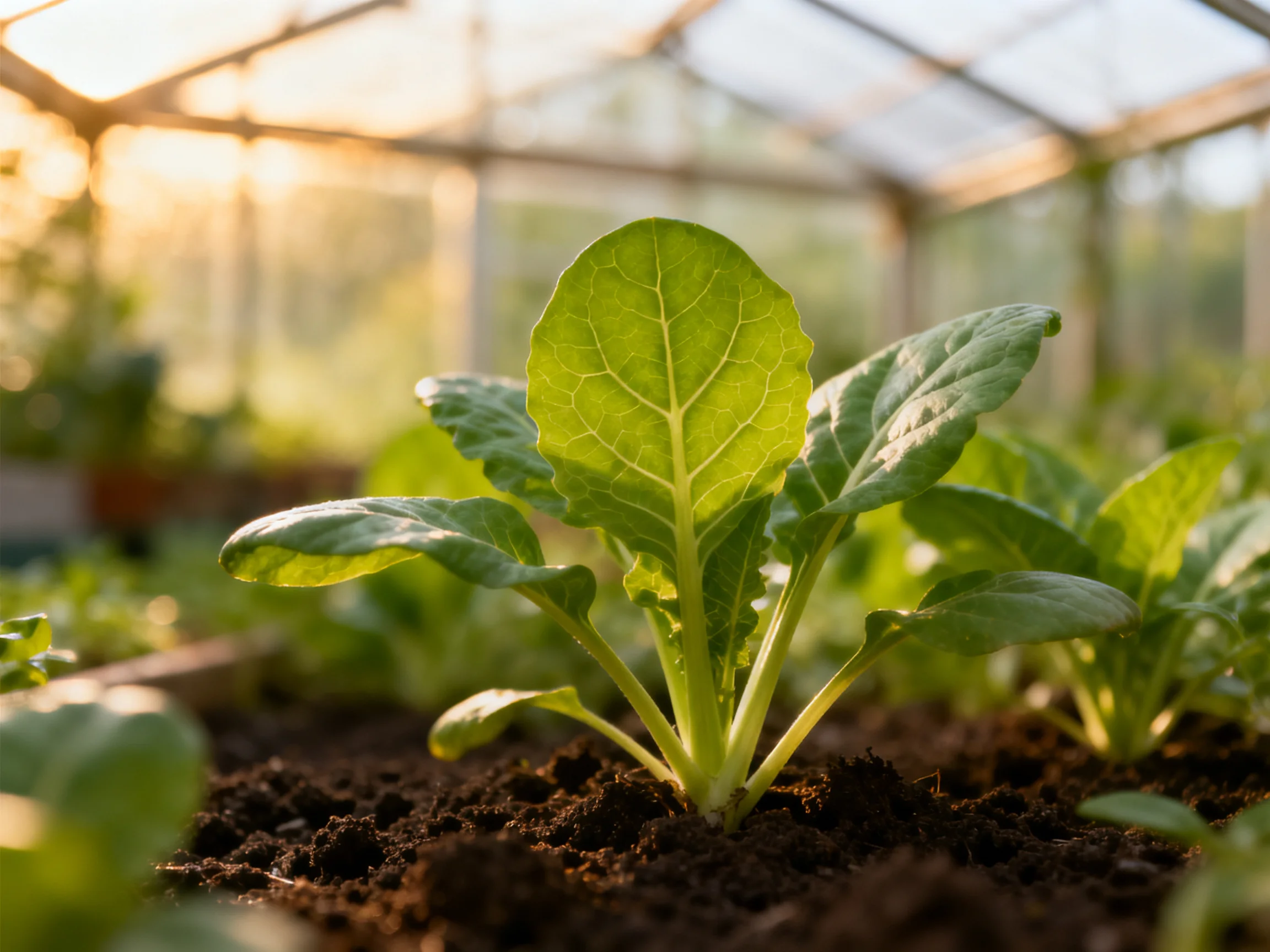 A vibrant green seedling growing in a sunlit greenhouse