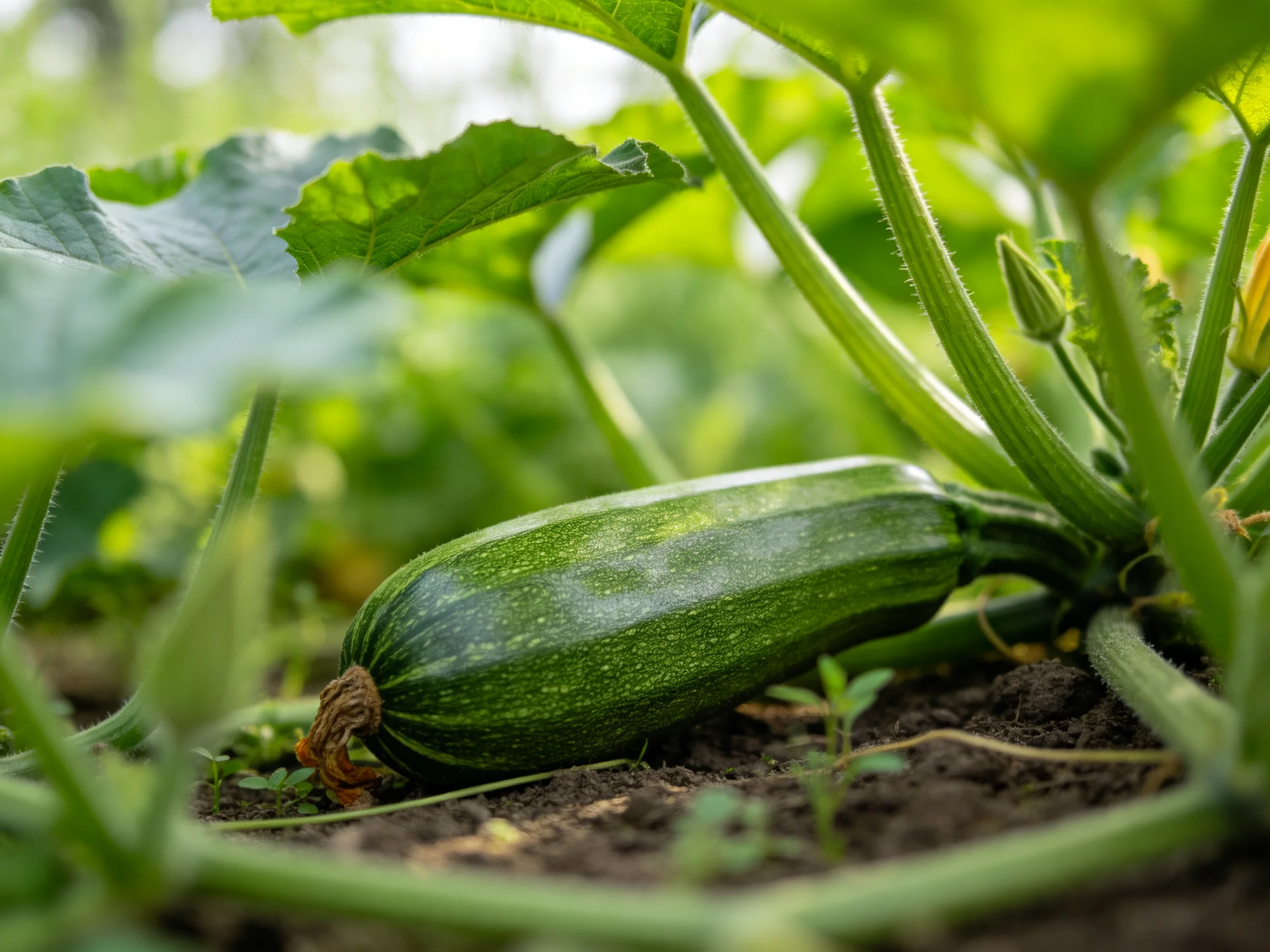 A vibrant green zucchini growing among lush garden foliage