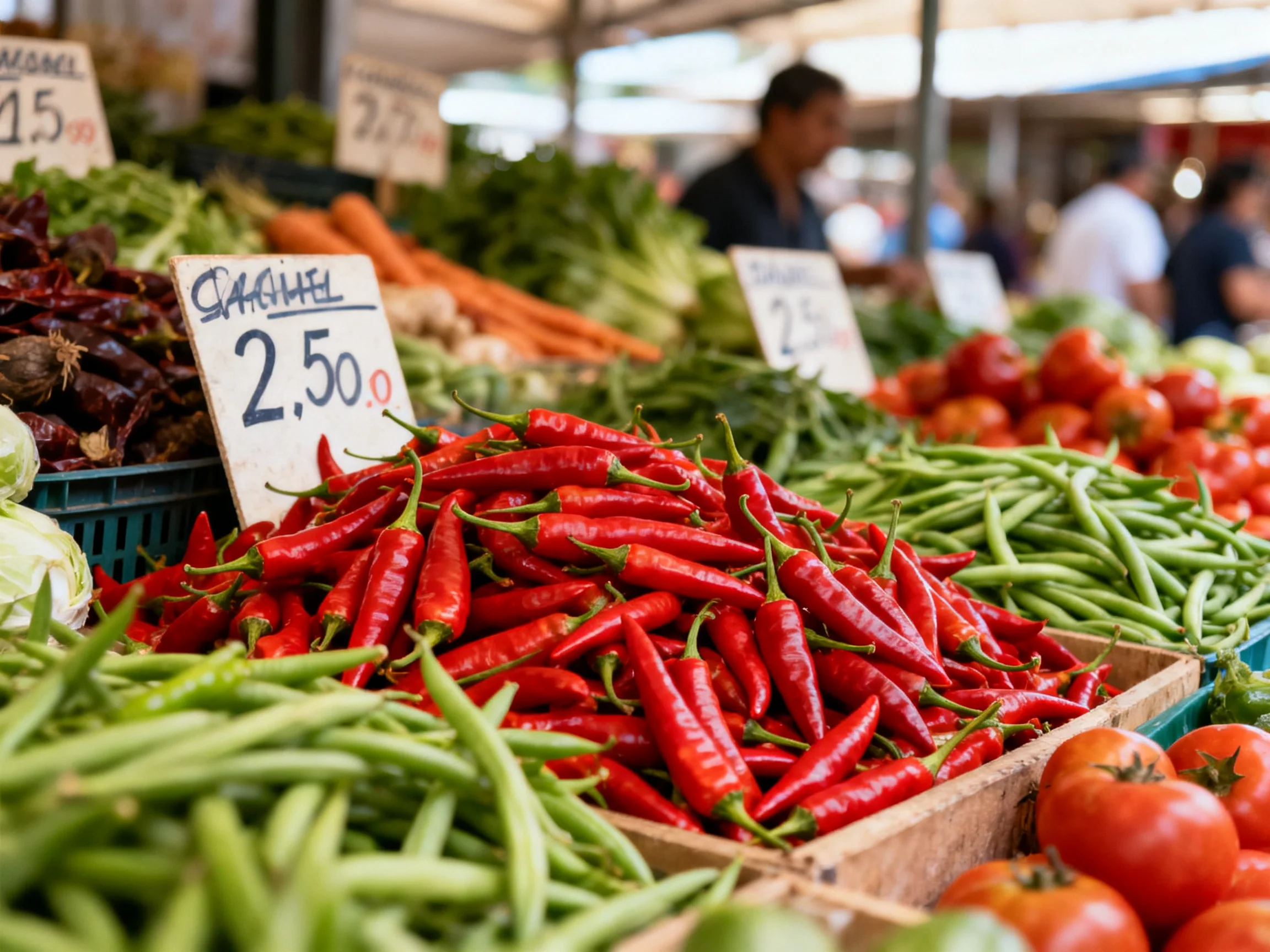 A vibrant market stall displaying red chilies, green beans, and colorful vegetables.
