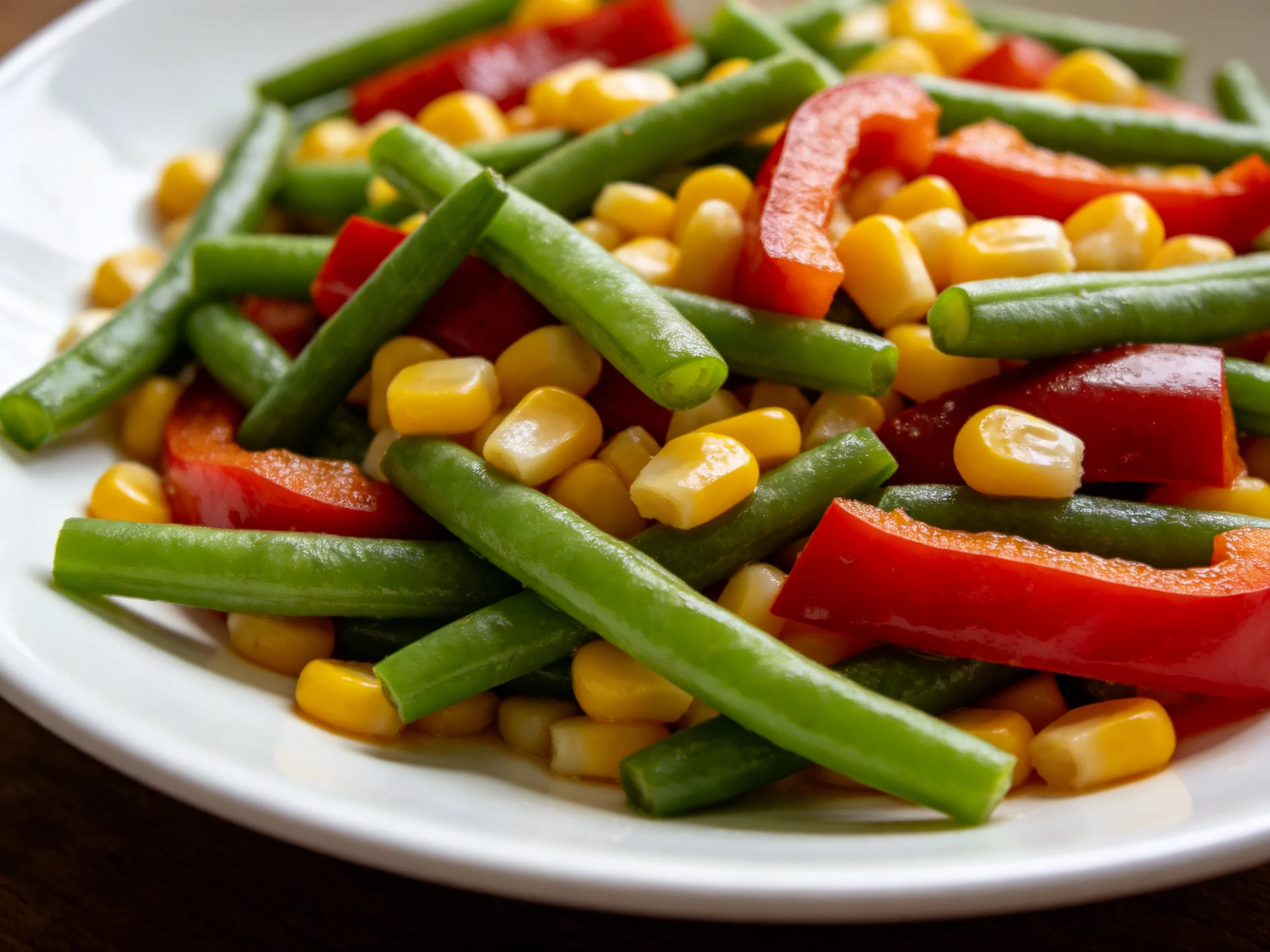 A vibrant medley of green beans, corn, and red bell peppers served on a white plate
