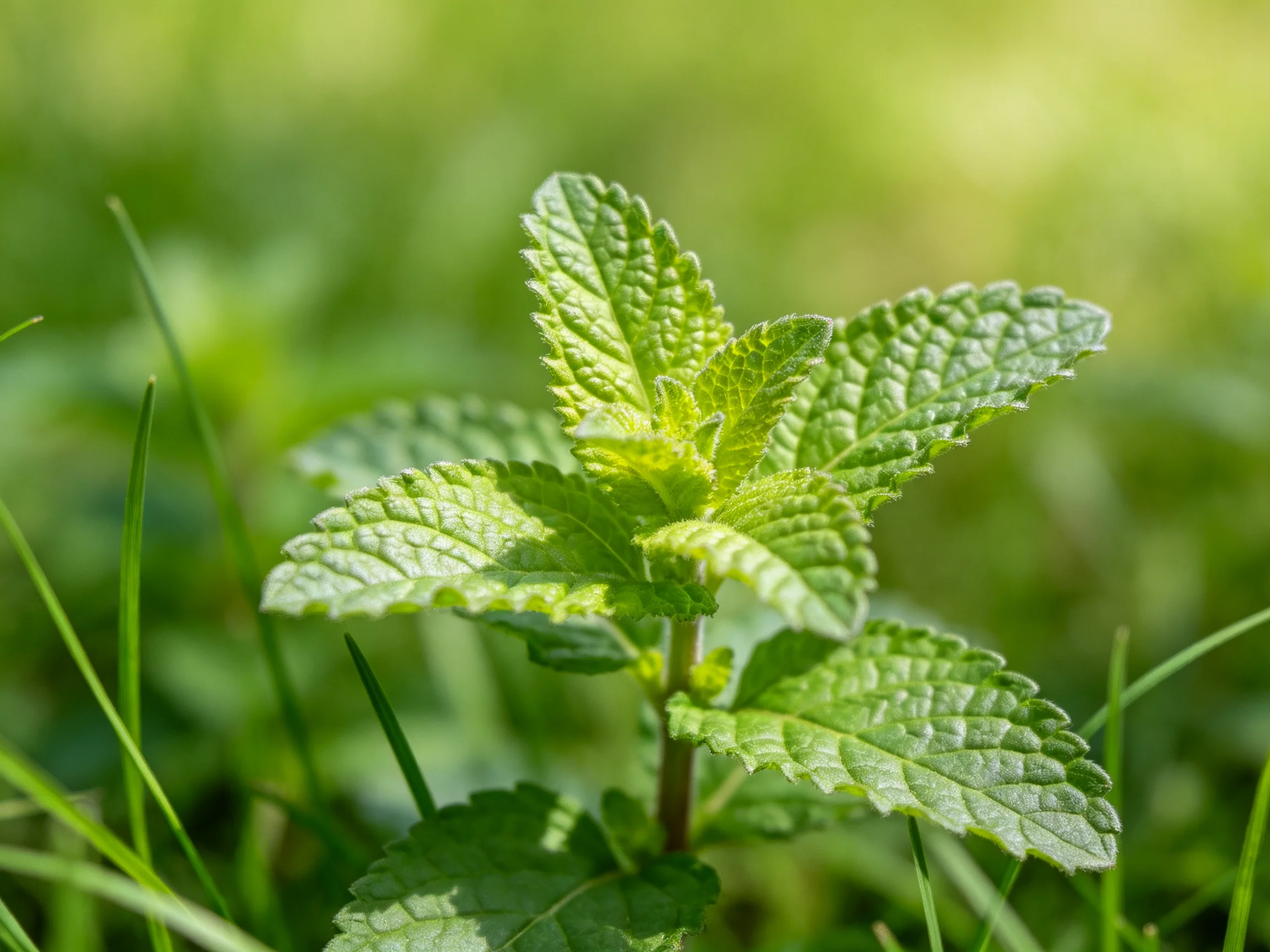 A vibrant mint plant with serrated green leaves in sunlit meadow