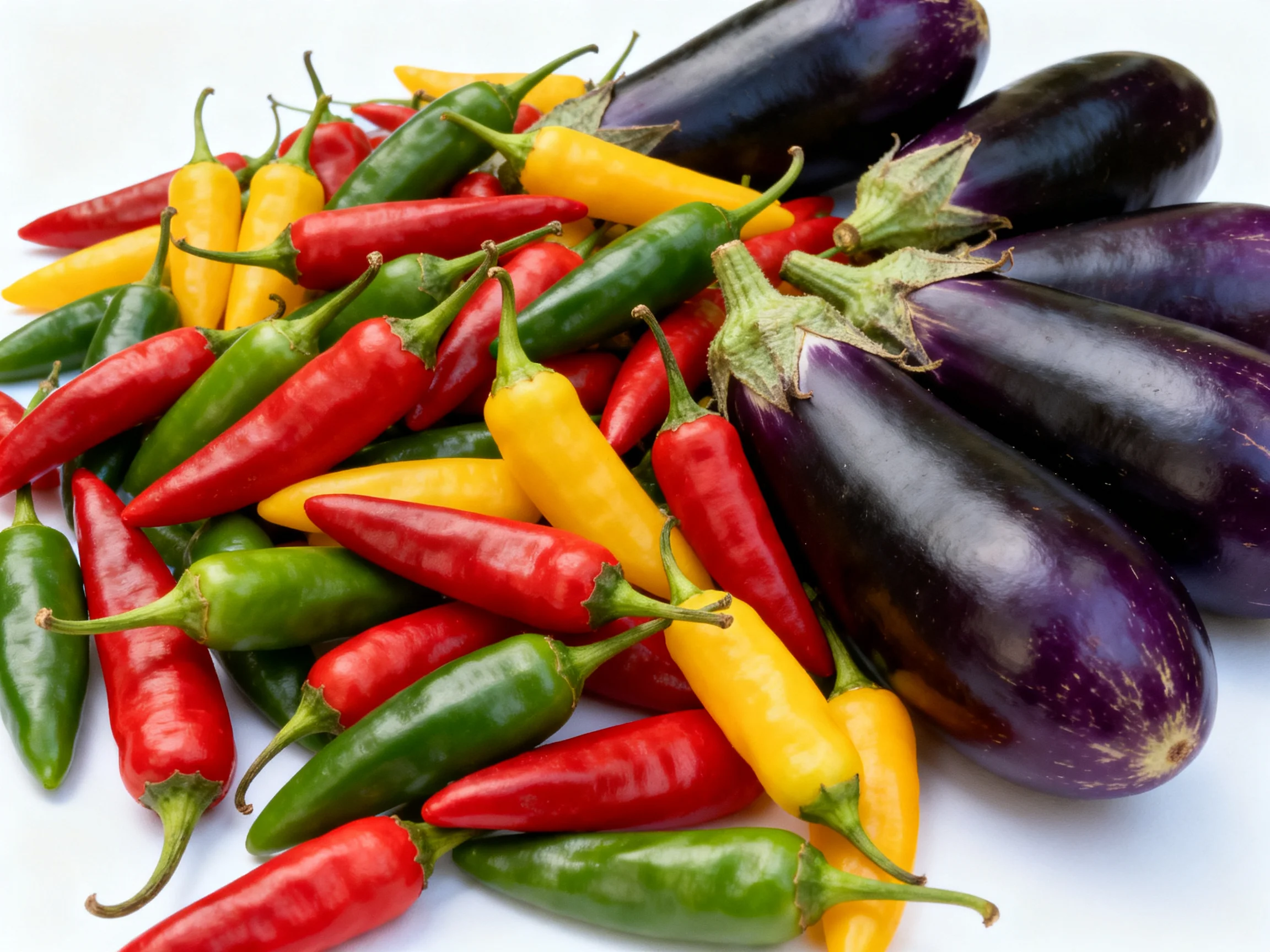 A vibrant mix of multicolored chili peppers and glossy purple eggplants